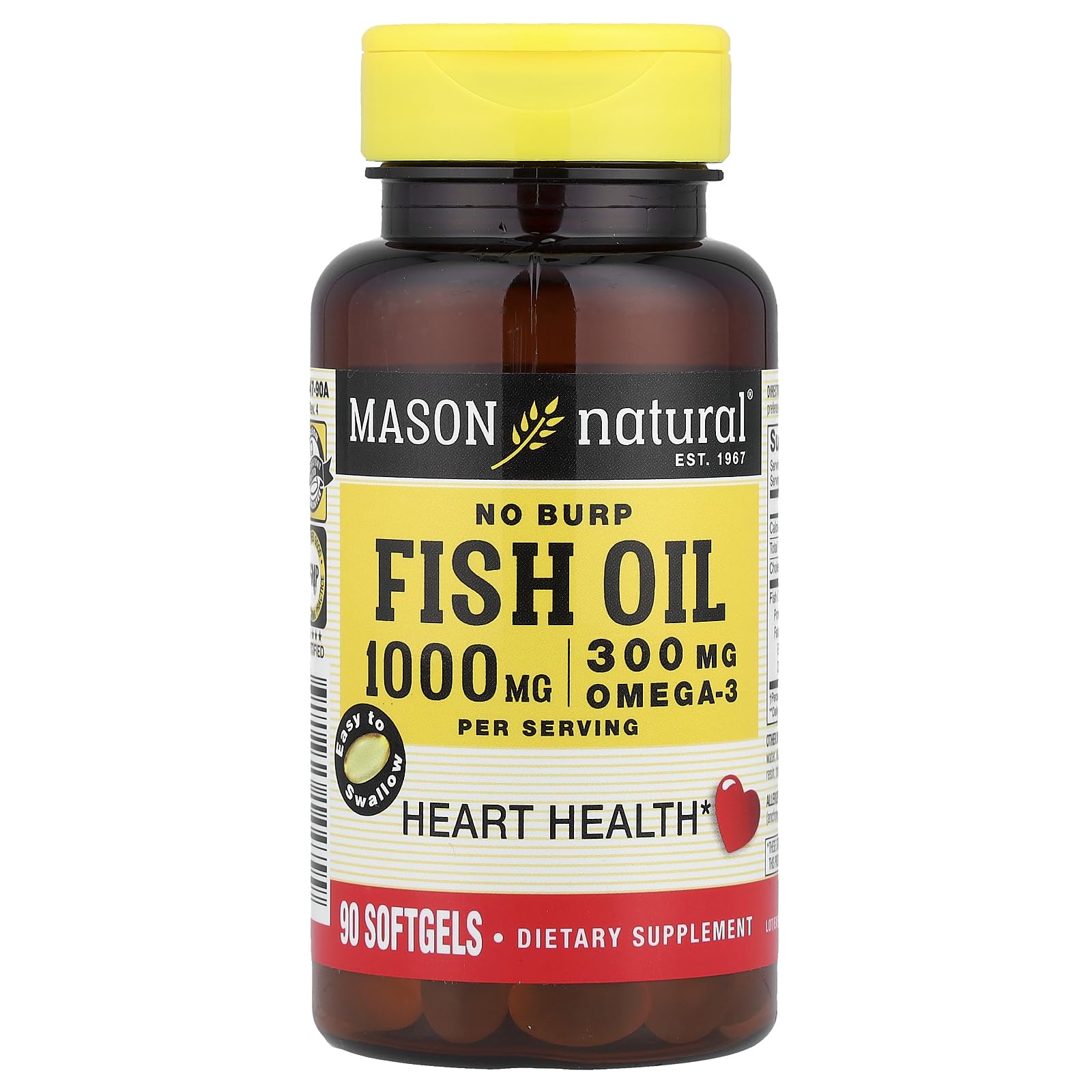 Fish Oil 1000 Mg No Burp Softgel, By Mason Vitamins - 90 Ea