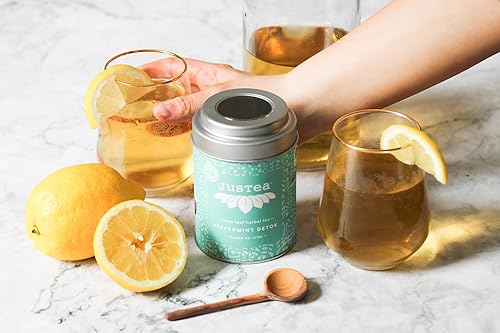 Miniatura 6 de JusTea PEPPERMINT DETOX  Té de hierbas de hojas sueltas  Lata con cuchara de té tallada a mano  Más de 40 tazas (1.6 onzas)  Sin cafeína  Ganador de