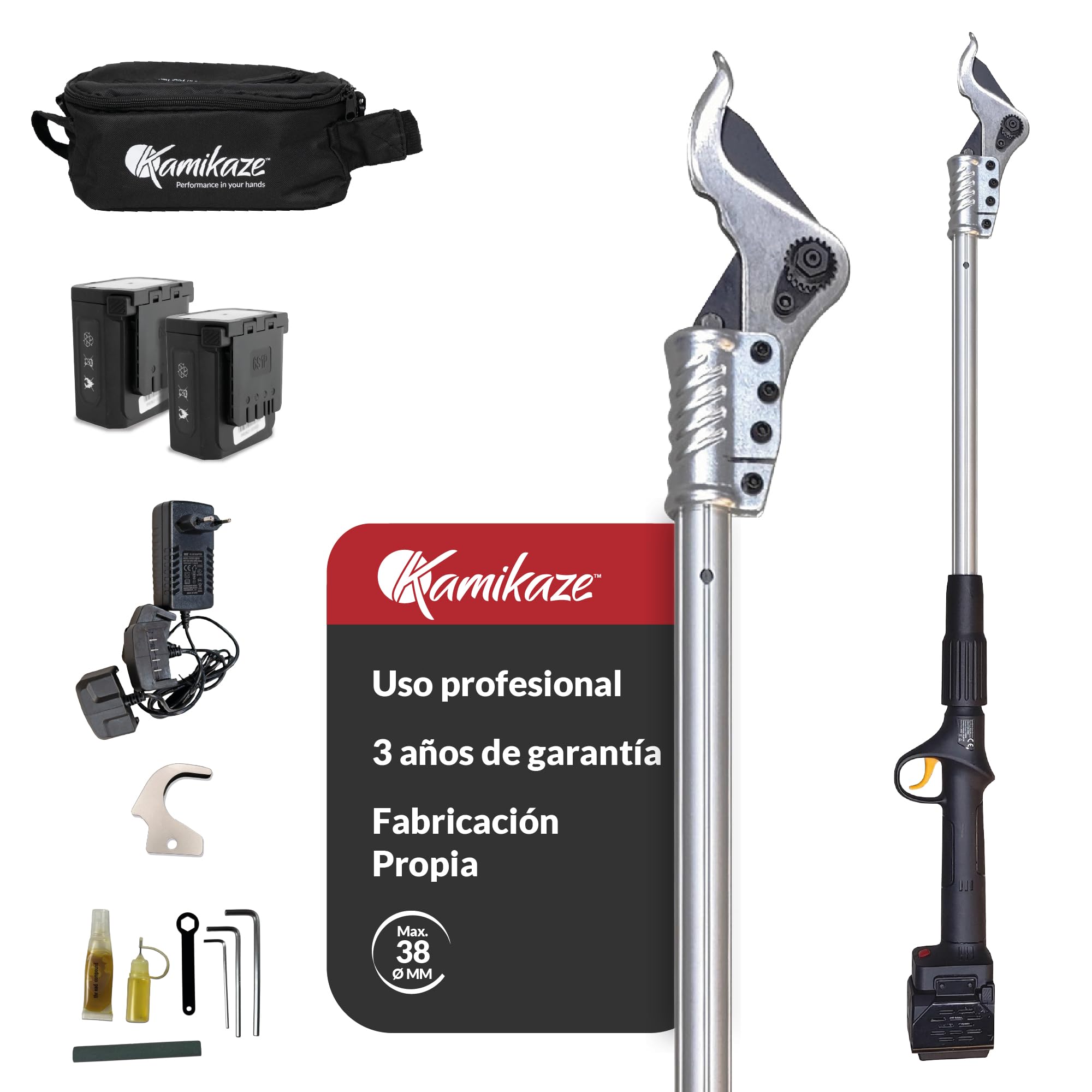 KAMIKAZE KV105 Tijera Eléctrica de Poda en Altura Inalámbrica Ø 40mm, Pértiga 99 cm, 195/900W, 2 Baterías de Litio 4Ah Recargables con Hasta 8h Autonomía, Kit Completo con Cargador Triple y Accesorios