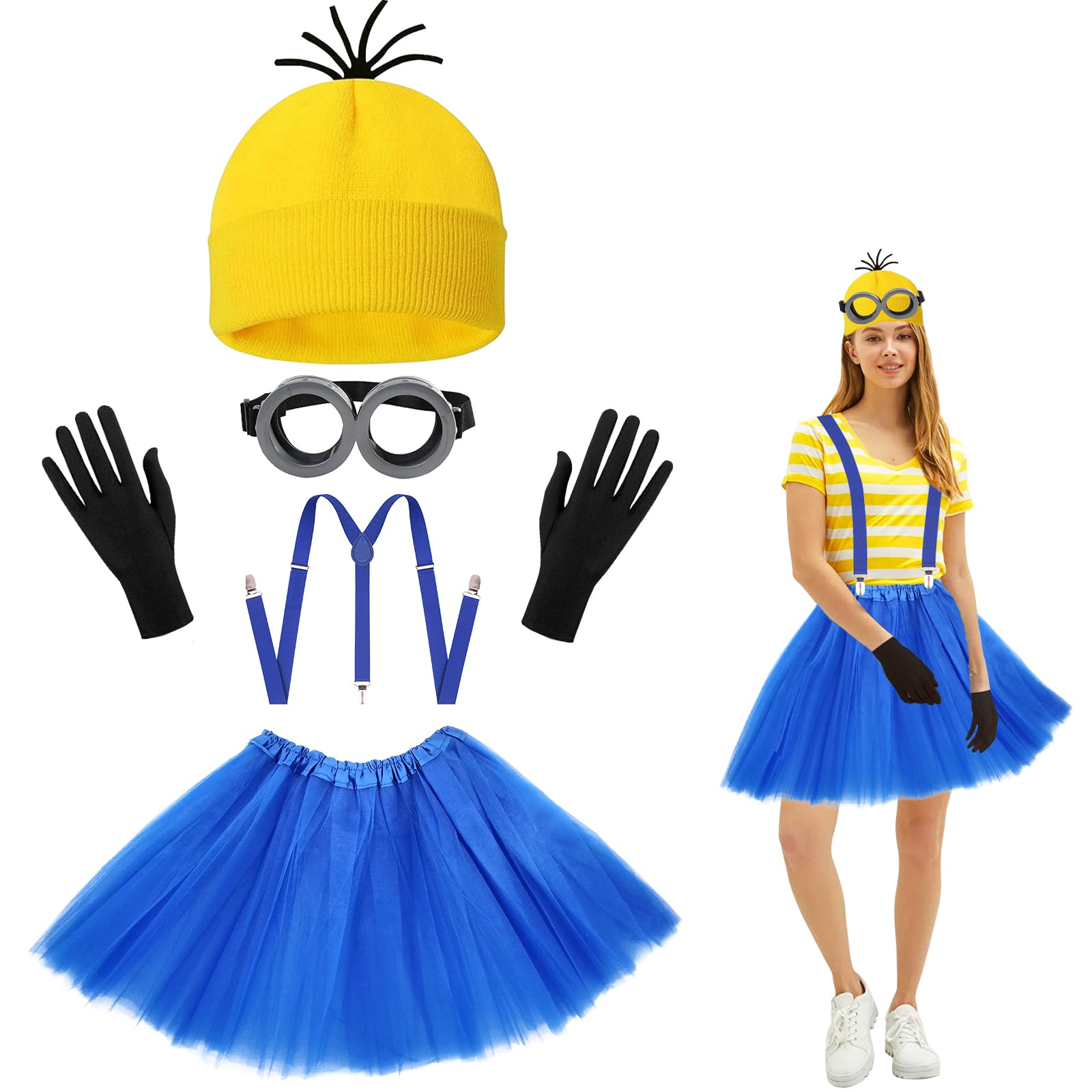 Costume Minions Per Bambini E Adulti - Set 5 Pezzi Con Cappello Giallo, Tutù Blu, Occhiali, Bretelle E Guanti - Cosplay Carnevale Halloween - 3