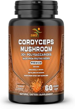 Cordyceps Mushroom Extract Capsules, No Fillers, 30% Polysaccharides, Energy & Immune Support Formula, Vegan, Non GMO, 60 Capsules