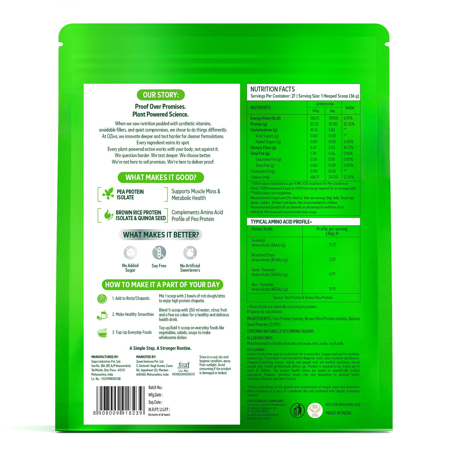 OZiva Plant Protein Powder, Pea Isolate, Vegan, Unflavoured, 1kg product image 8