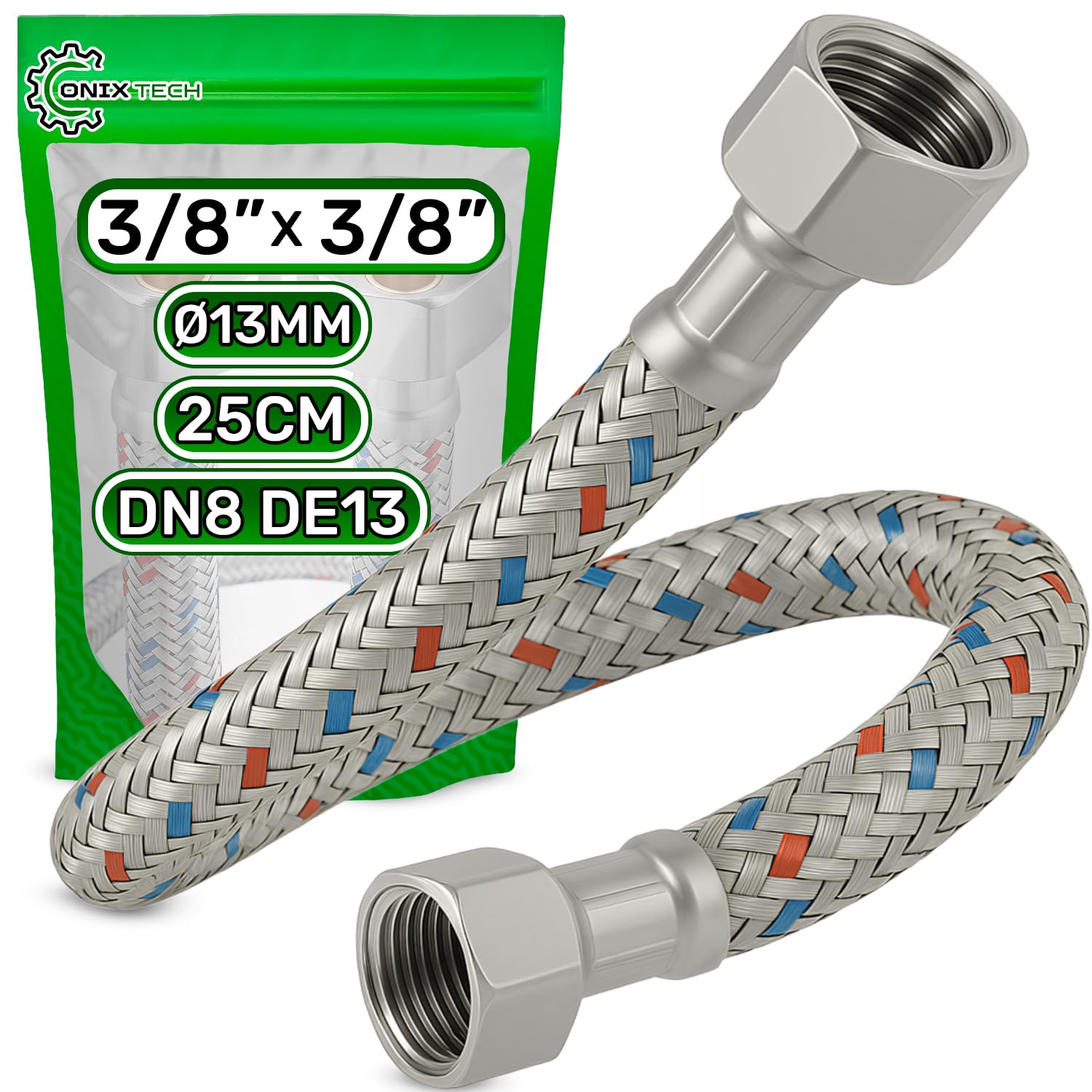 Tubo Corazzato 25cm Femmina-Femmina 3/8”x3/8” DN8 DE13 Temperatura max 70°C | Tubo Flessibile Realizzato in Acciaio Inox Pressione di Esercizio 10 bar - Garanzia di 5 Anni - ONIX TECH