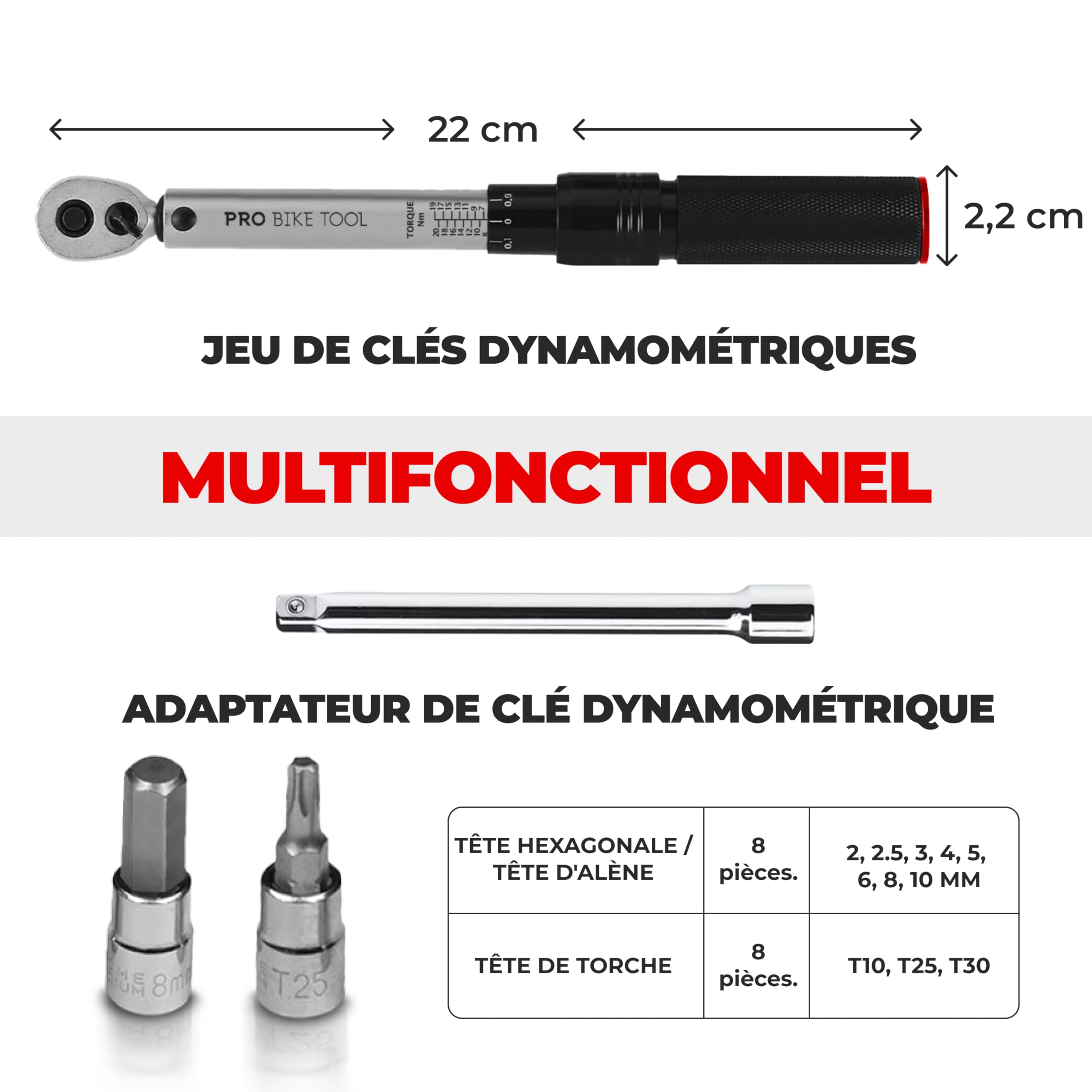 Clé dynamométrique pour vélo et moto, entraînement 1/4" avec cliquet et rallonge, plage de mesure 2 à 20 Nm, outil de précision comprenant clé hexagonale hexagonale et embouts torx pour vélo de route,