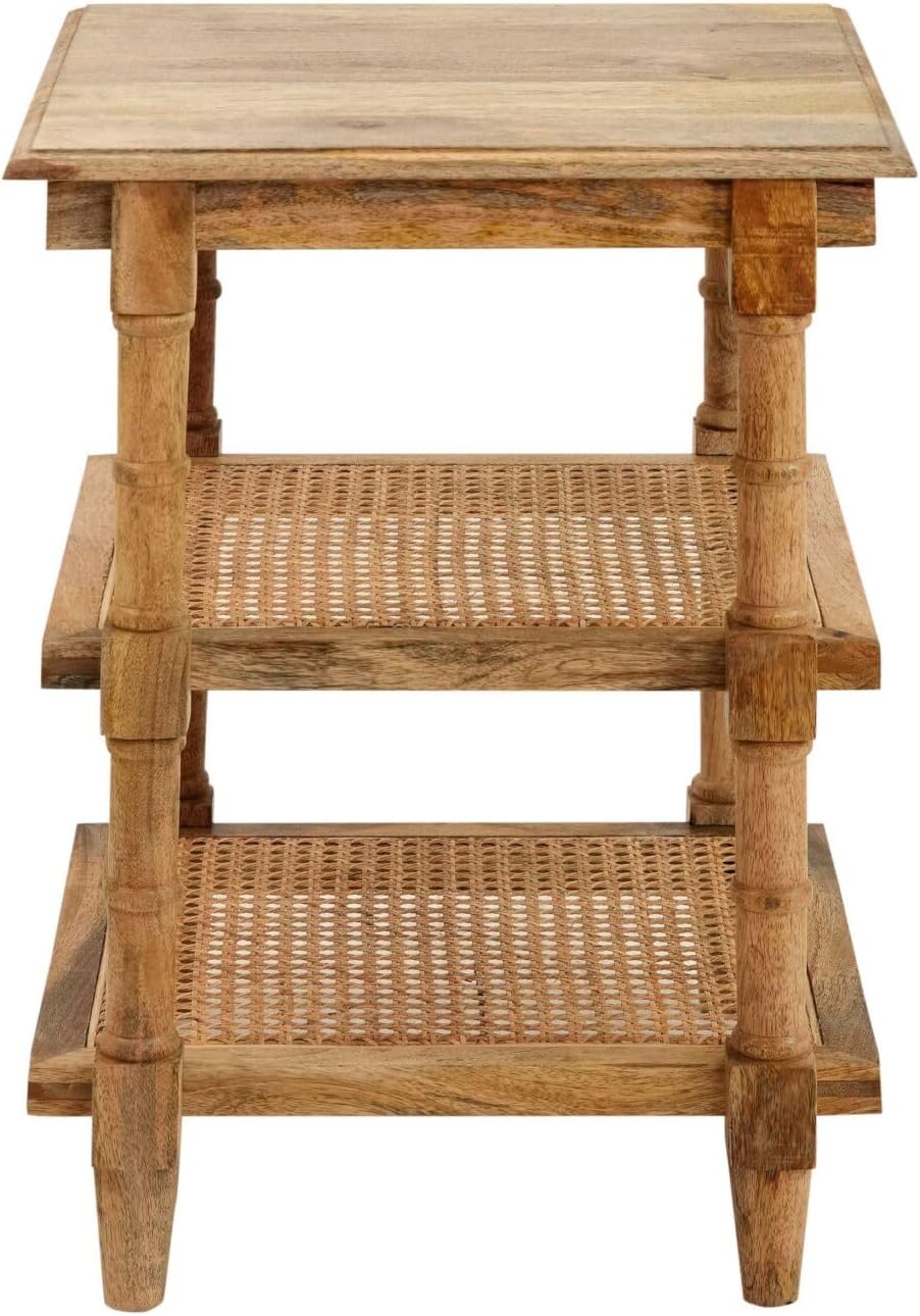 Carolina Chair & Table Chesterfield Mango Wood Side Table – Square Natural Rattan 3 Shelf Storage - Handcrafted Living Room Furniture, Functional Table(Natural)