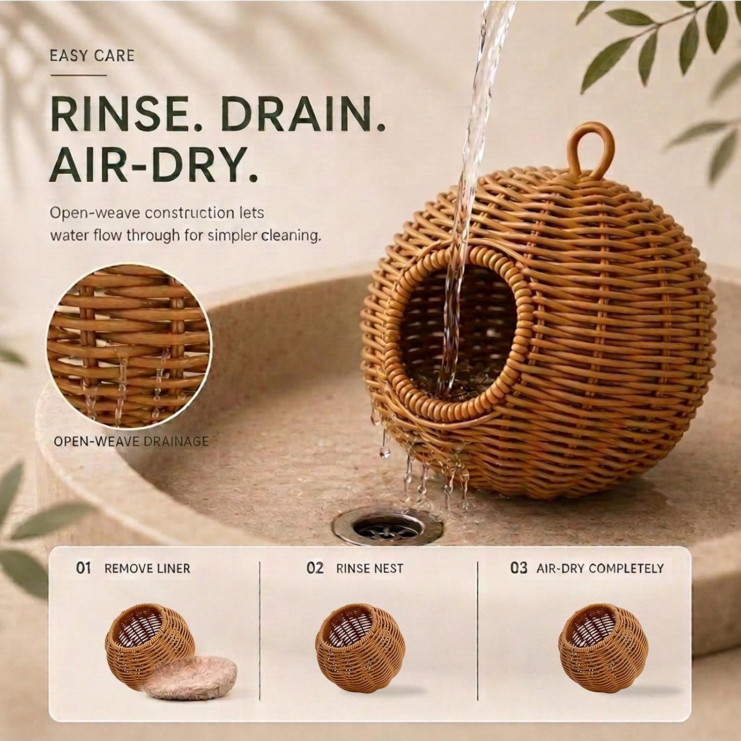 Wicker Bird Nest Hideaway for Cage, Natural Woven Hanging Bird House with Removable Plush Liner, Cozy Sleeping Shelter for Parakeet, Lovebird, Canary, Budgie and Small Birds