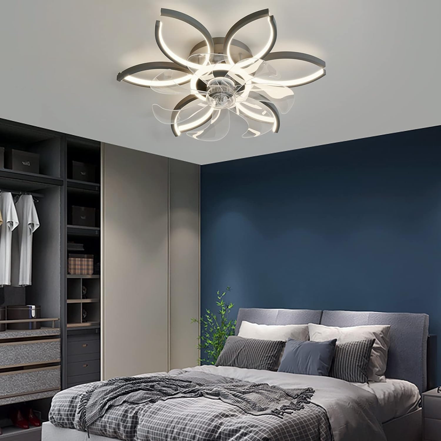 YUEGOO Ceiling Fans with Lamps,Remote Control App Control Modern Flower Led Dimmable Silent Ceiling Fan Chandelier 6 Speed Timer Dc Reversible 60W Ceiling Fans with Lamps for Bedroom Living/Black/52Cm