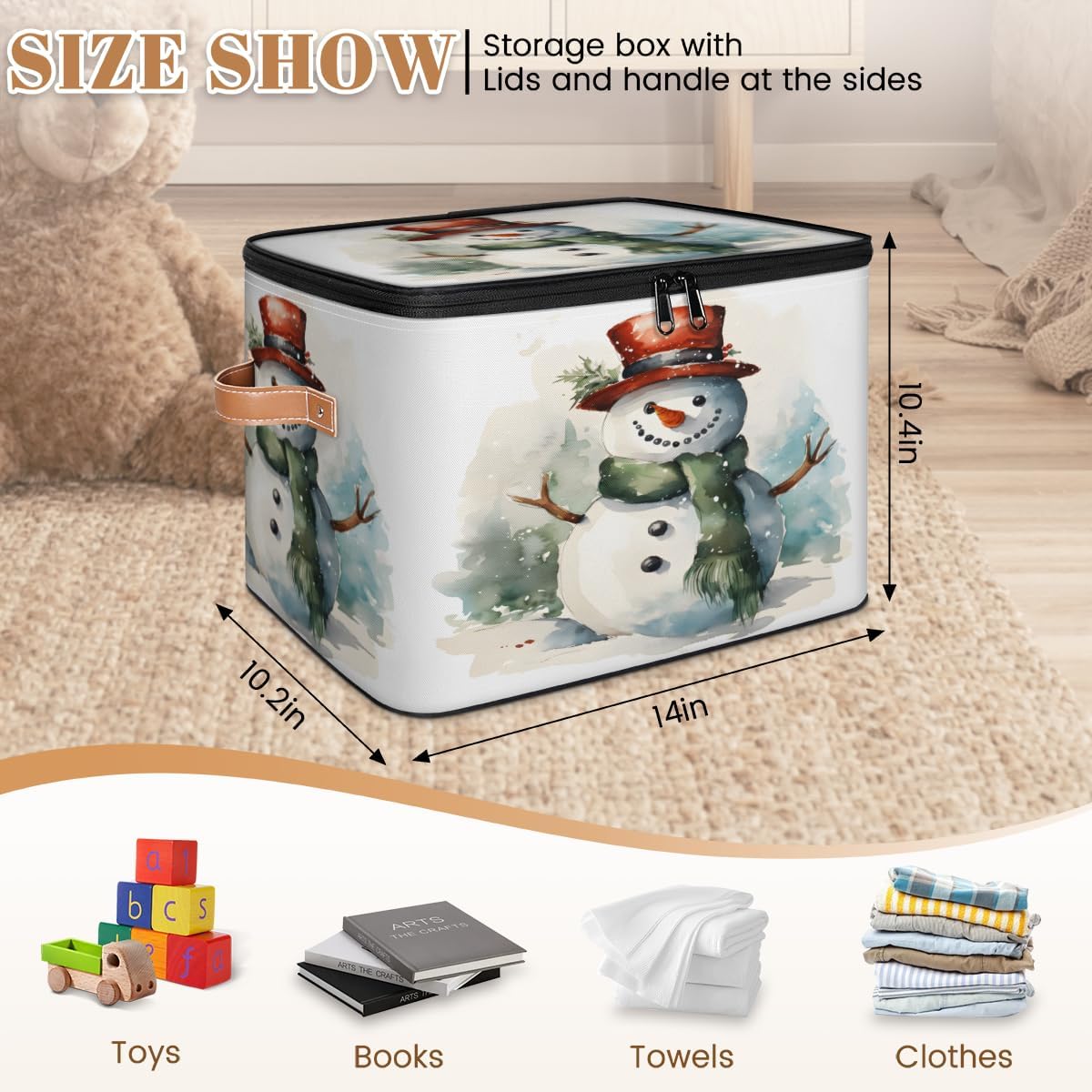Storage Bin Set of 2 Winter Snowman Storage Basket with Zipper Lid & Handle Foldable Closet Shelf 2 Pack Cloth Organizer Basket Cube Bins Clothes Organizer for Bedroom, Nursery