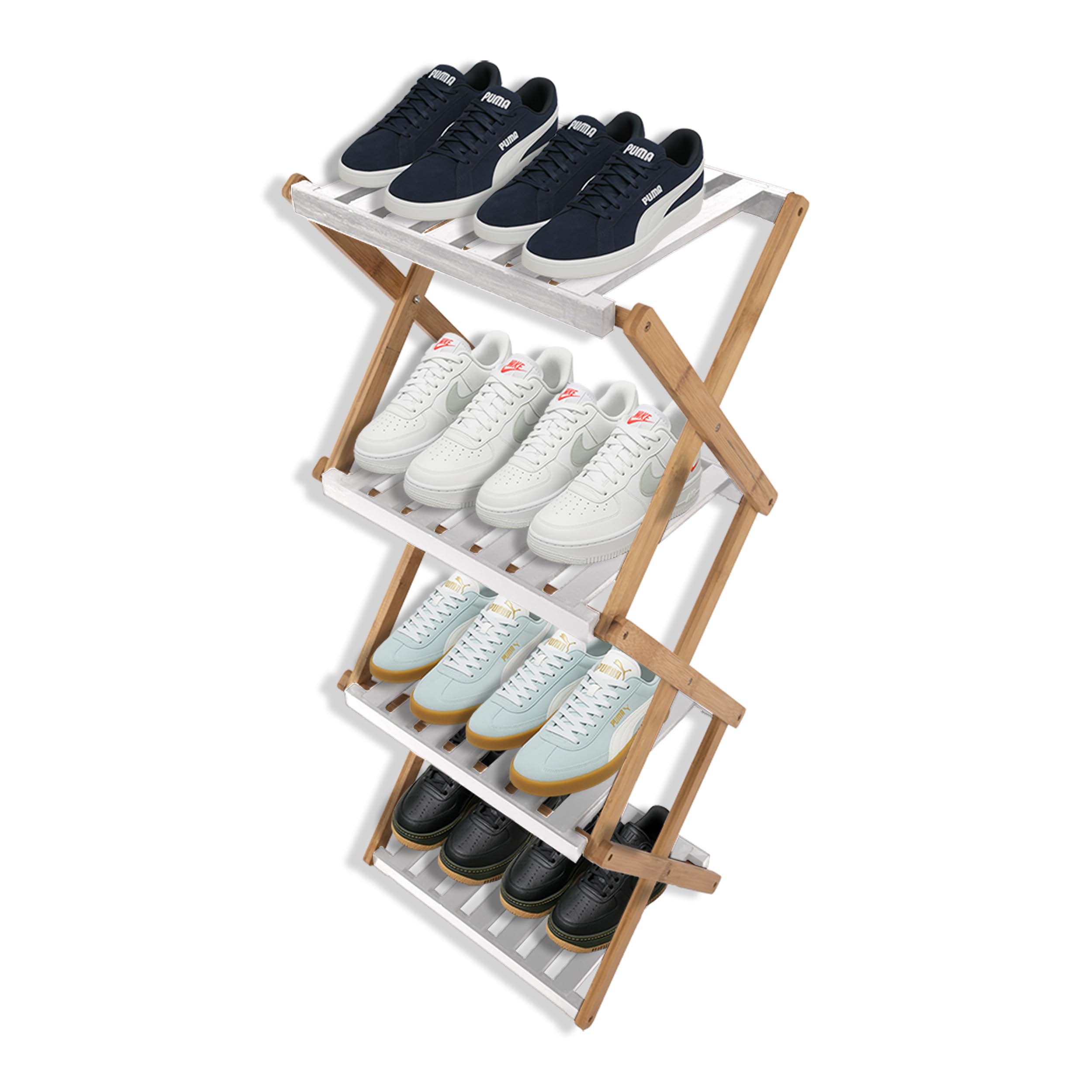 XZ-24511 Estante Zapatero de 3 Niveles Plegable de Bambú 28x37.5x93.5cm Blanco - Organizador Portátil para Calzados Sin Instalación, Zapatero para Pasillos