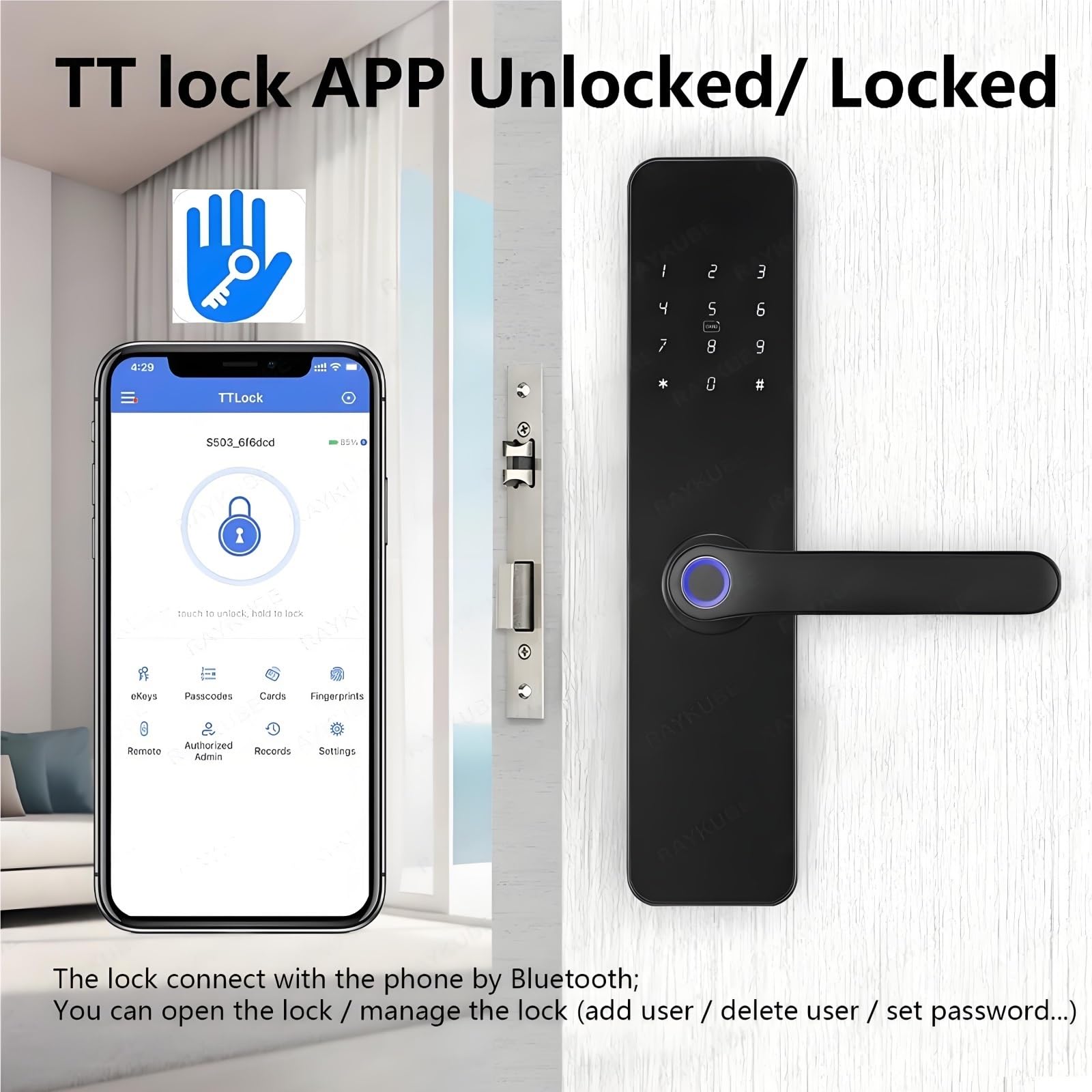 Serrure à Empreinte Digitale F7-TT — Compatible RAYKUBE F7 & TT Lock App · 5 Modes d’Ouverture (empreinte/app/code/carte/clé) · Pour pêne 22×160 mm · Portes 28–55 mm