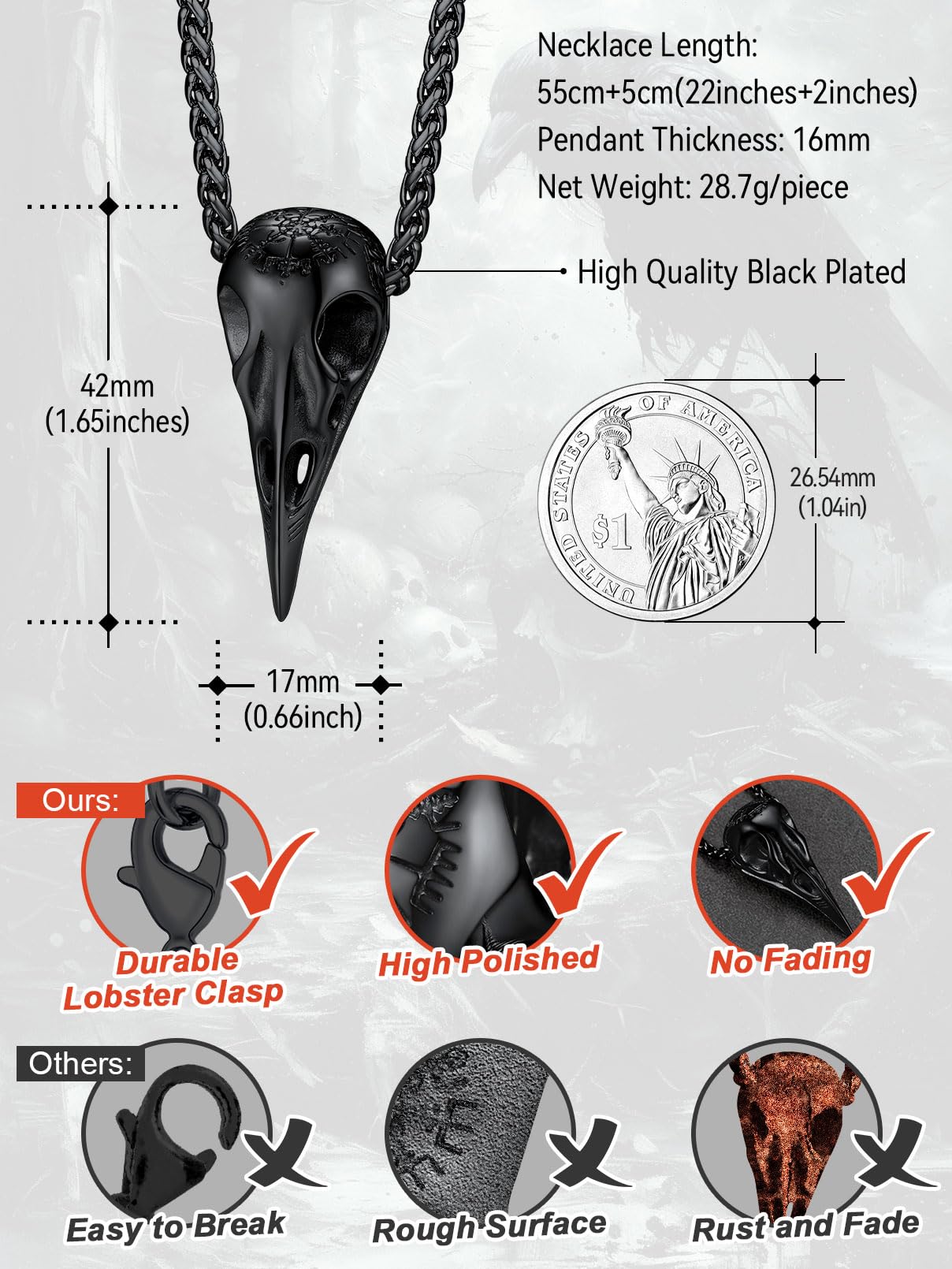FaithHeart Viking Raven Necklace for Men, Norse Mythology Raven Skull Pendant Sturdy Stainless Steel Amulet Jewelry Gift for Men: Black Crow Skull