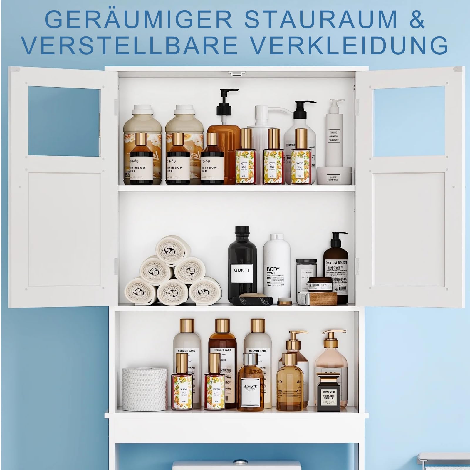 LEADZM Toilettenregal, Toilettenschrank, Regal über Toilette, WC Überbauschrank Freistehend, Überbau Toilettenschrank mit Doppeltüren für Badezimmer, 59 x 22 x 170 cm