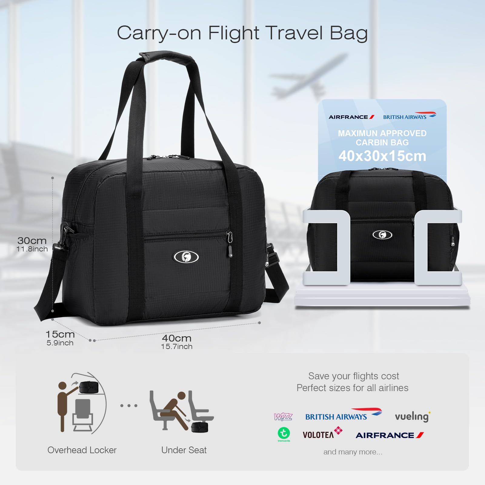 SPAHER Borsone da Viaggio British Airways 40x30x15 Bagaglio a Mano Air france Borsone Palestra Sportiva Grande 20L Donna Uomo Impermeabile Pieghevole Borsa da Viaggio Fitness Travel Duffel Cabin Bag