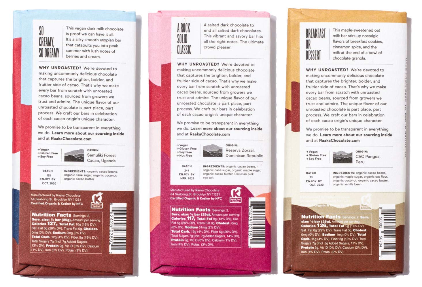 Raaka Chocolate Dairy-Free Pack | Gourmet Bean-to-Bar Dark Chocolate | Organic, Kosher, Vegan, Gluten-Free | Chocolate Lover’s Gift | 1.8oz Bars, 3-Pack