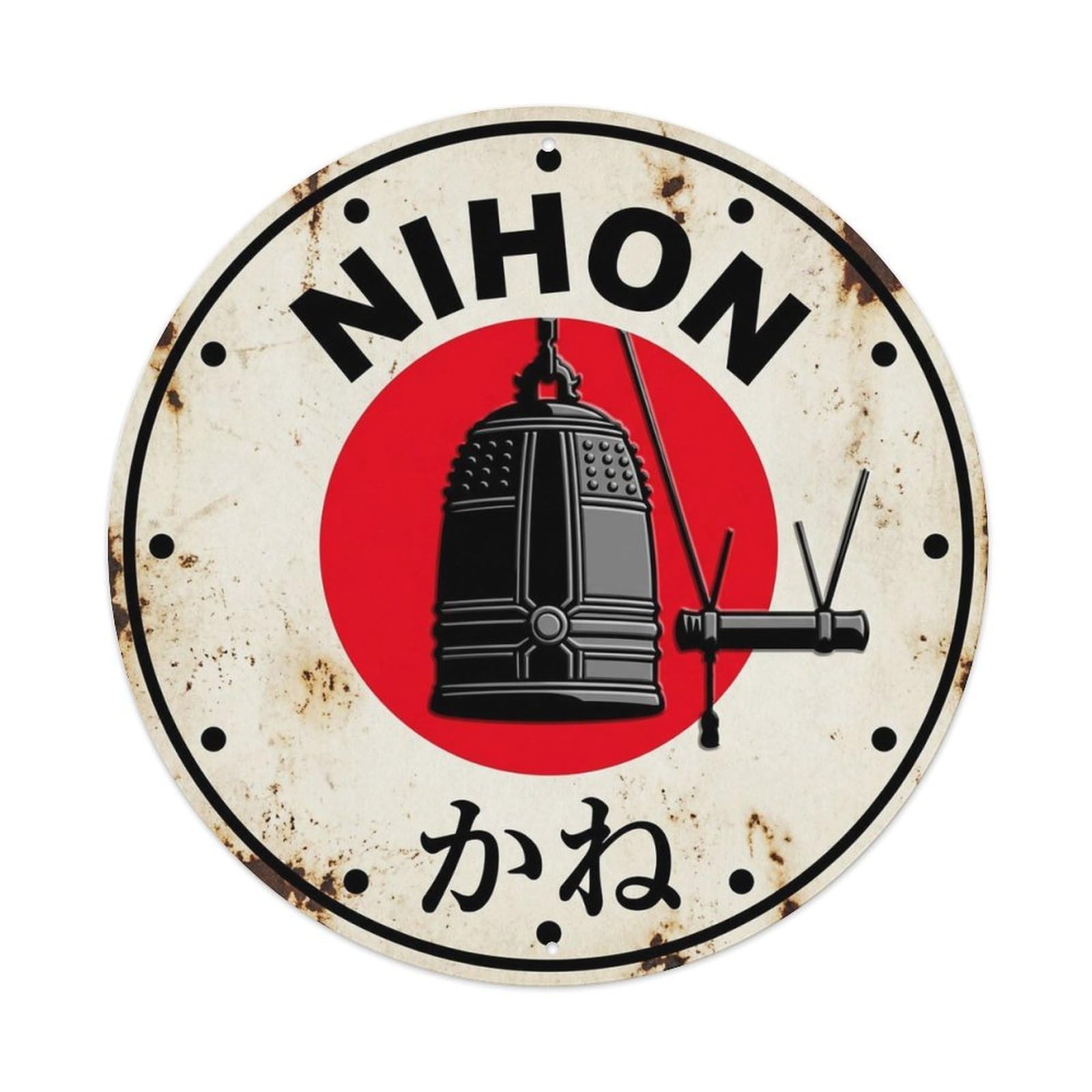Kane Bell Gong Nihon Temple Sound Weathered Craft Motif Metal Tin Sign Plaque Wall Decor for Cafe, Man Cave, Club Bar, Office, Home Garden Round Metal Poster 8x8Inch