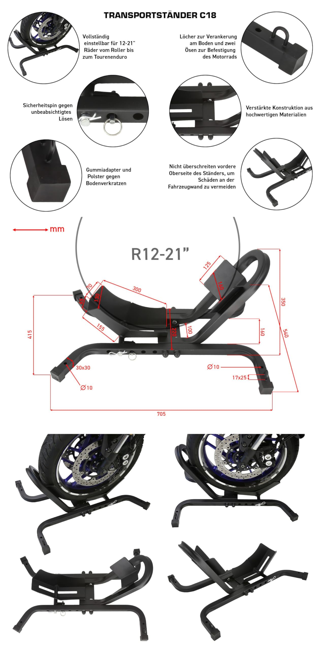SEFIS C18 Motorrad Transportständer | Für Vorderräder 12-21 Zoll