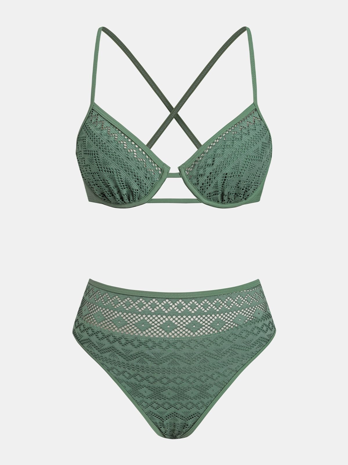 CUPSHE Conjunto de bikini para mujer, traje de baño de dos piezas, cintura alta, aros ajustables, tirantes cruzados, detalle de encaje