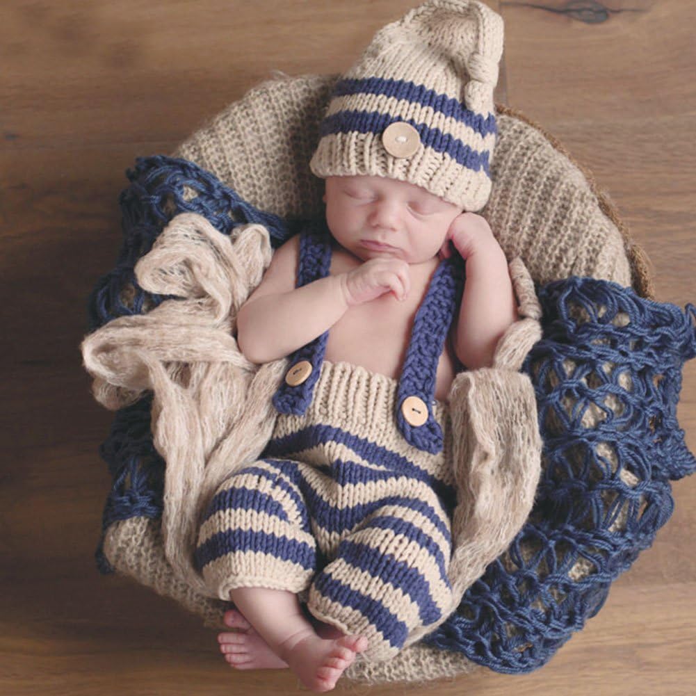 HAPPY ELEMENTS Newborn Baby Photography Props Infant Knit Crochet Costume Blue Striped Soft Outfits Elf Button Beanie Hat+Pants