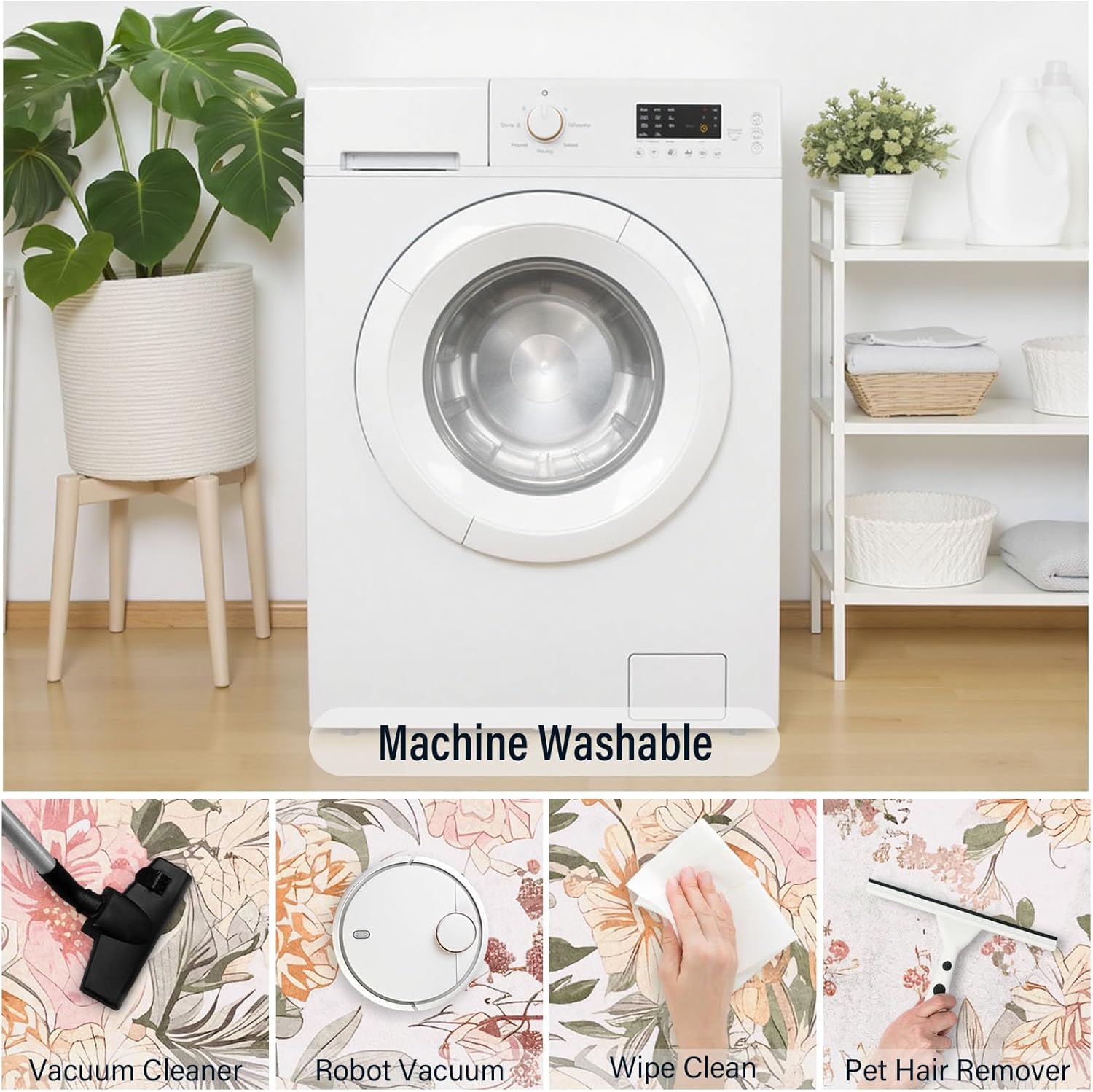 Pink Green Floral Round Area Rug 4ft,Machine Washable Boho Modern Oriental Flower Leaf Round Rug Non-Slip Circle Rugs Low-Pile,Indoor Floor Carpet Mat for Living Room Bedroom Kitchen Dining Entryway