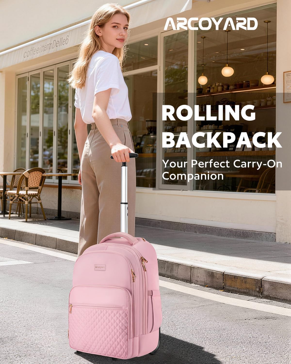 Arcoyard Rolling Backpack Carry On Luggage For Adults With Wheels, 40L Wheeled Backpack For Women, Travel Roller Backpack, Rolling Bag, Pink