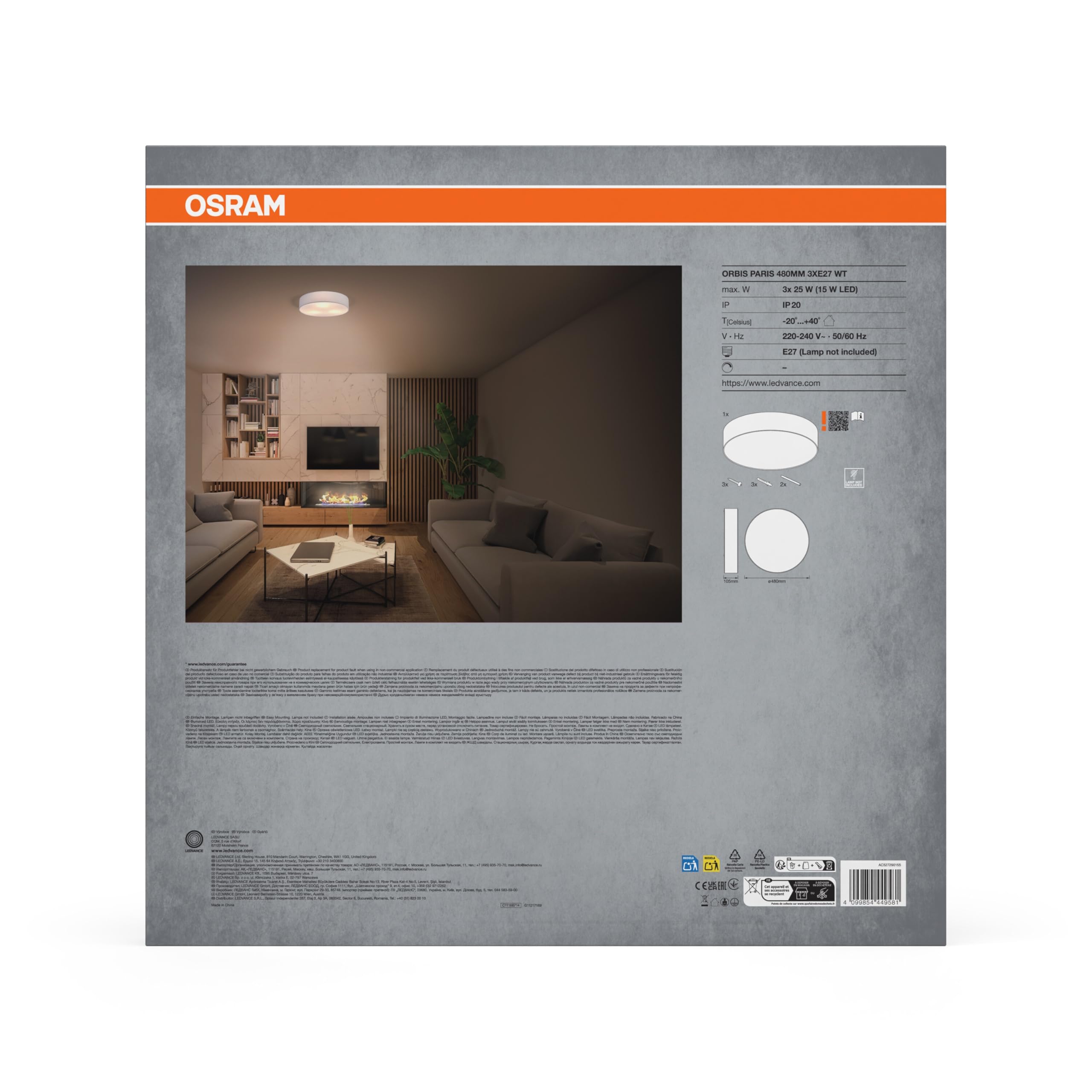 Osram Plafonnier ORBIS PARIS 480mm, blanc, culot 3xE27, peut être équipé d'une ampoule connectée, de haute qualité, design moderne, avec abat-jour en tissu, adapté à un usage intérieur, rond, IP20 | Orbis Paris Éclairage mural intérieur, blanc, lot de 1