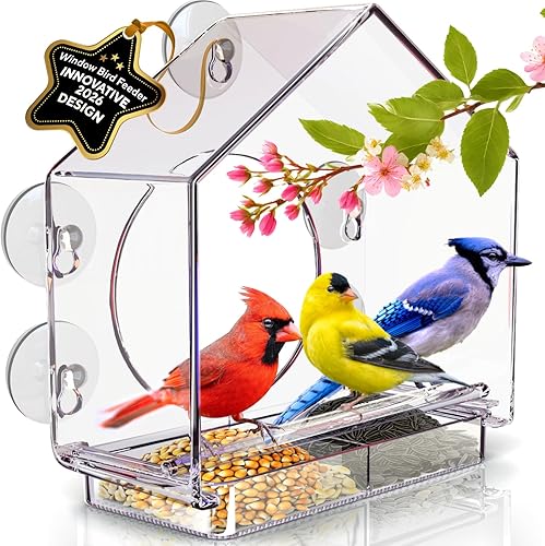 Premium Window Bird Feeder for Outside - Clear Bird House w/Largest Window for Viewing Birds - Easy to Install & Sturdy Feeder w/Extra Strong