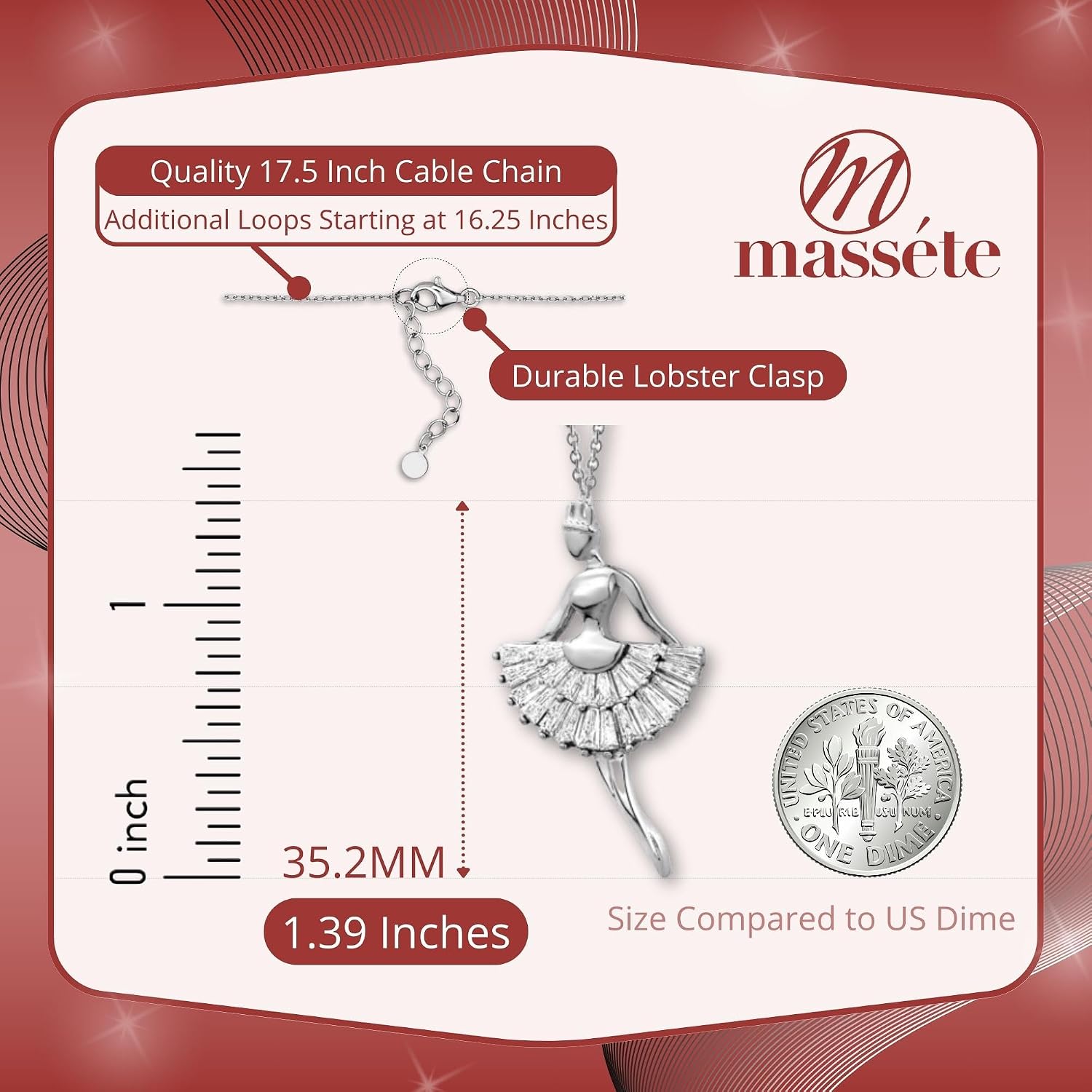 Sterling Silver Necklace Pendant for Girls Ballerina Ballet Dancer with Simulated Diamonds Baguettes 17.5"