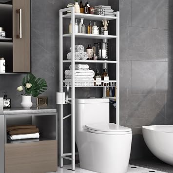 Kalrin Over-The-Toilet Storage Rack, 4-Tier Bathroom Organizer Shelf Over Toilet with Adjustable Shelf and Basket, Freestanding Space Saver Bathroom Shelves Above Toilet for Room Pure White