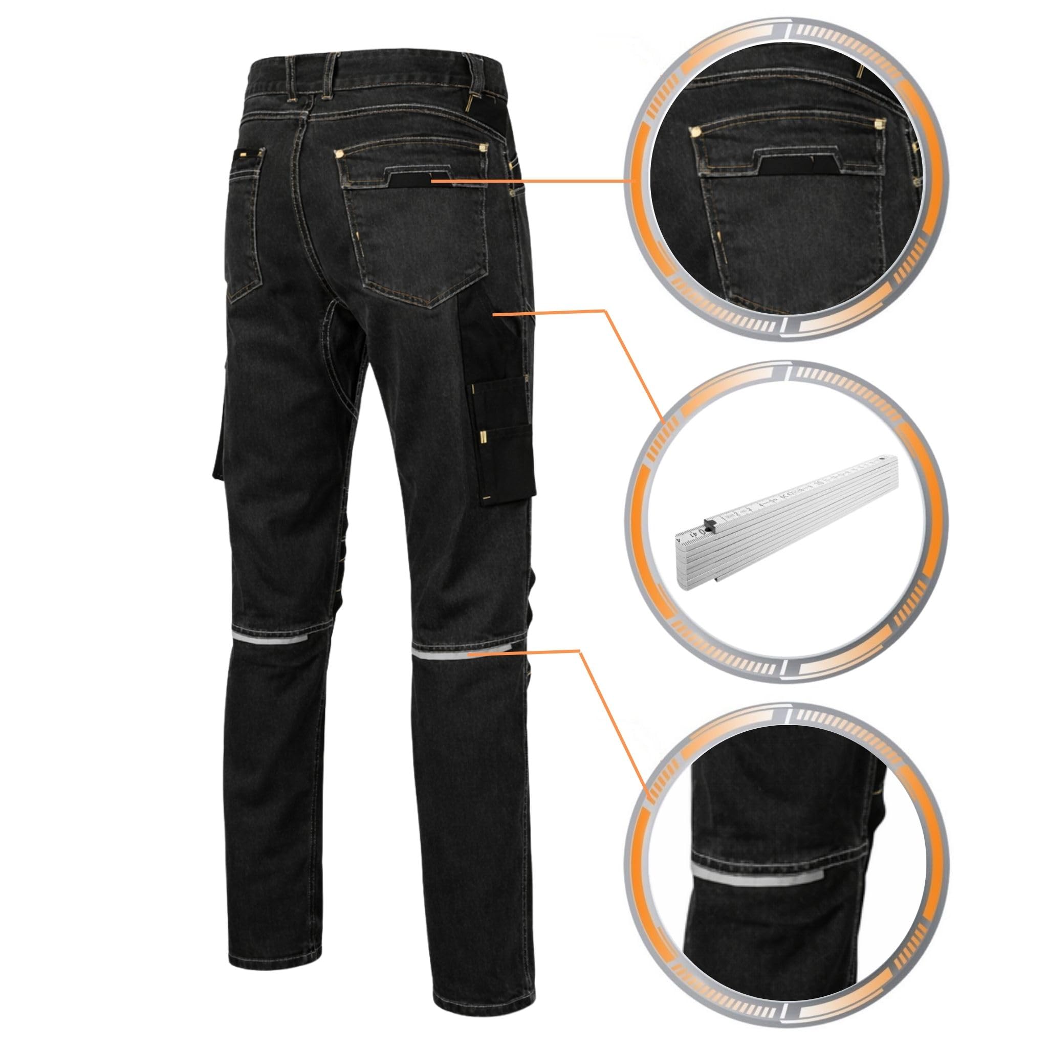 Arbeitshose Herren Stretch Jeans mit 11 Taschen Kniepolstertaschen Zollstocktasche Arbeitskleidung Männer Freizeit Hobby Gartenarbeit Heimwerker Kfz Werkstatt Renovierung Auto Berufskleidung Handwerk