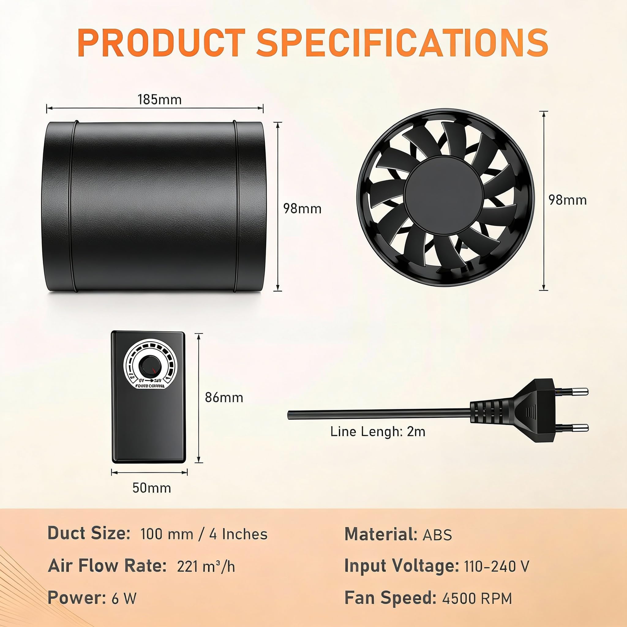 Ventola Aspirazione 100mm a Velocità Regolabile, Estrattore Aria Silenzioso 221 m³/h con Motore EC, Aspiratore per Condotti per Bagno, Cantina, Garage e Grow Tent, Nero