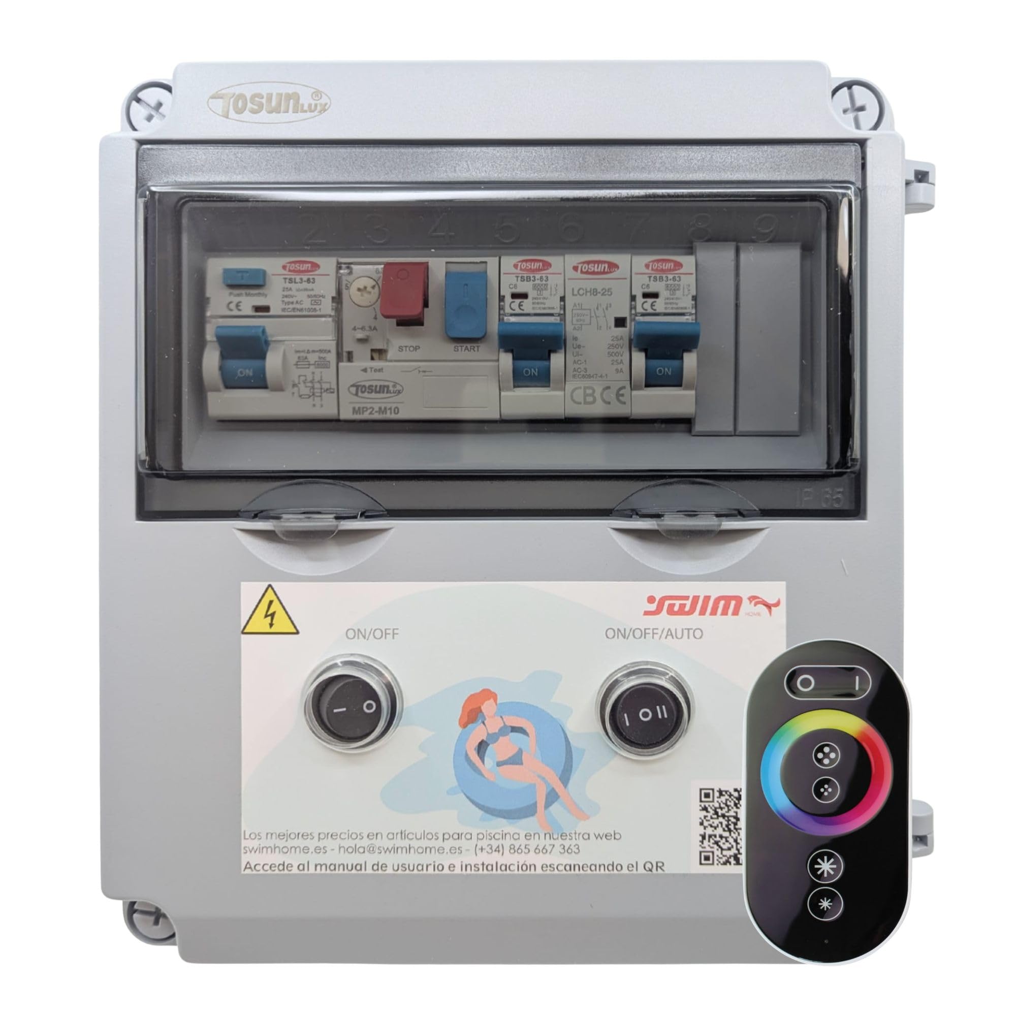 SWIMHOME Cuadro Eléctrico para Piscina Iluminación y Motor | Guardamotor y Transformador | Controlador RGB 4 Hilos | Contactor para Clorador | 60W 12DC | Bomba de Agua 0,5CV 2,5-4A