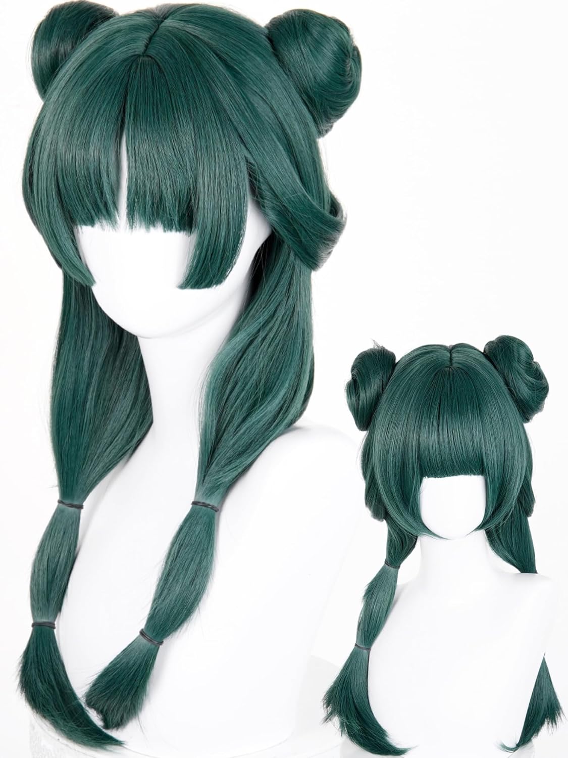 Half and Half Maomao Cosplay Wig with Double Buns & Bangs, 19'' Long Dark Green Anime Ponytails Wigs Pigtail Hair Wig for Women Halloween Party Daily