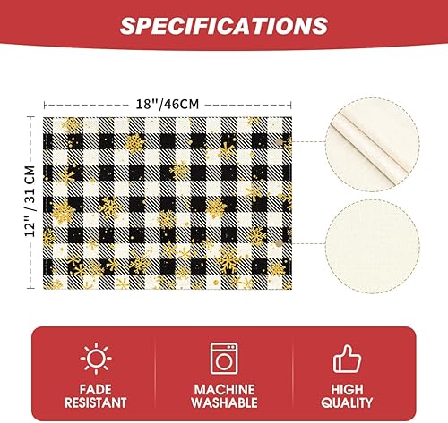 Miniatura 6 de Artoid Mode Juego de 4 manteles individuales de Navidad a cuadros blancos y negros para mesa de comedor, 12 x 18 pulgadas, diseño de copos de nieve
