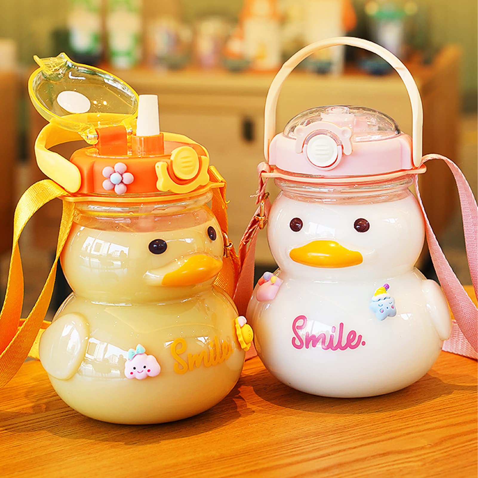 Kawaii Yellow Duck Water Bottle With Straw & Strap - 41oz, Leakproof For Kids & Teens