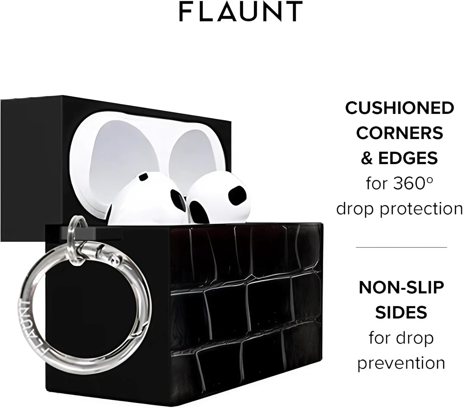 Flaunt Official Square Crocodile Faux Leather AirPods Pro Case w/Silver Ring - Compatible w/AirPods Pro 2nd/1st Generation - Wireless Charging - Lightweight & Shockproof - Black