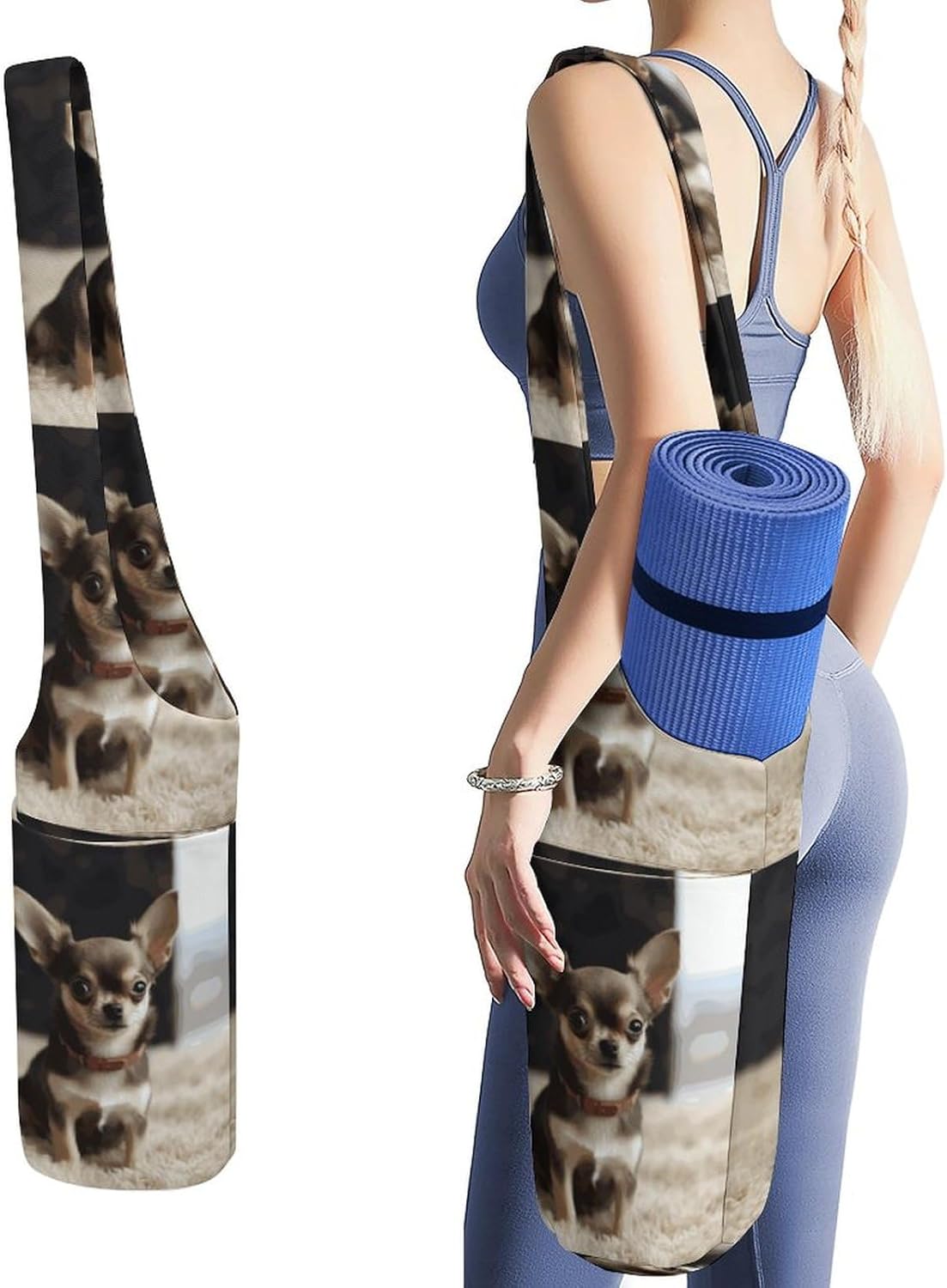 Cute Chihuahua Yoga Mat Bag, Durable Canvas Yoga Mat Storage Bag with Water Bottle Pocket And Bottom Wet Bag, Fits Most Size Yoga Mats