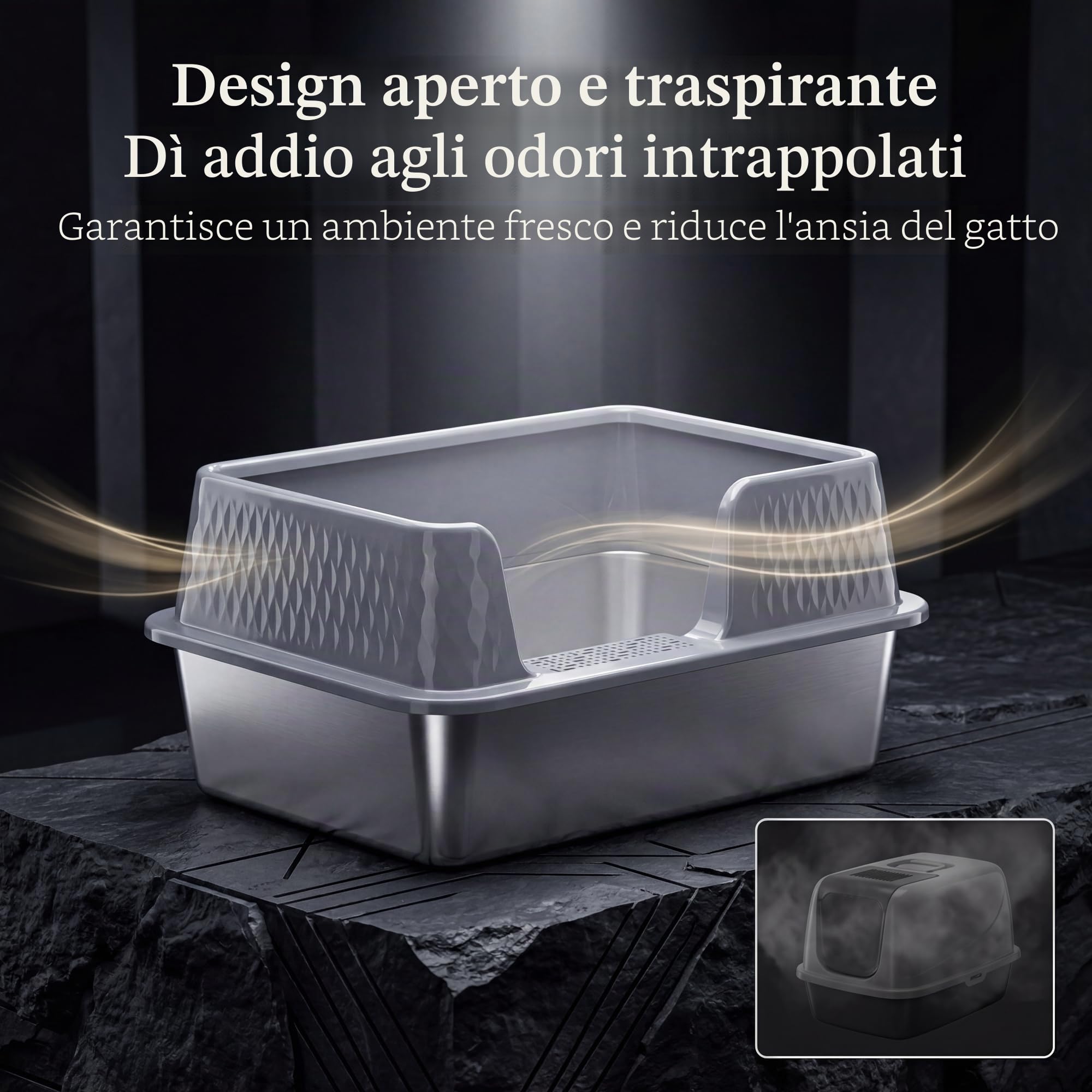 Suhaco Lettiera in Acciaio Inox per Gatti XL con Coperchio, Tappetino e Paletta - Lati Alti, Facile da Pulire (L, Grigio)