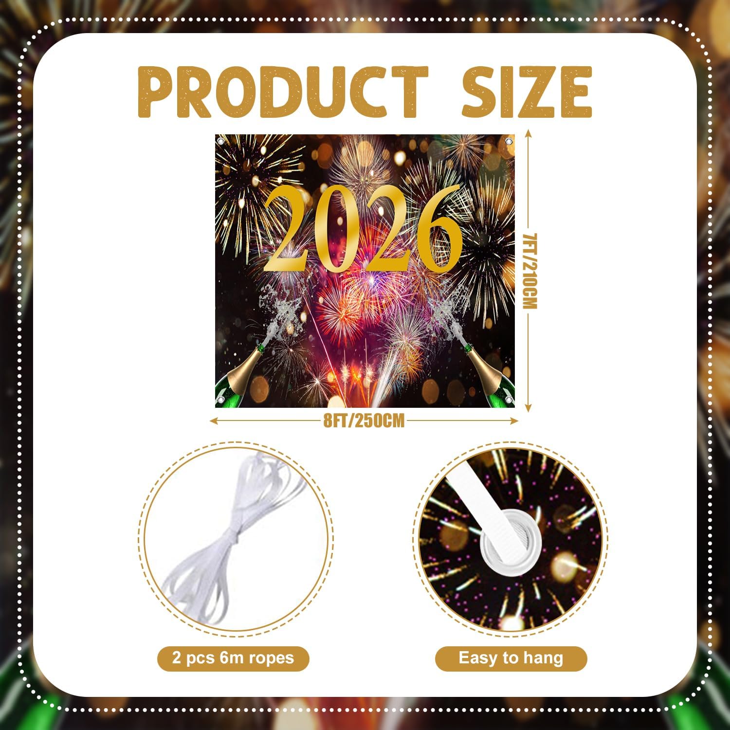 7x8ft New Year 2026 Garage Door Decor Golden Numbers Fireworks Champagne Background Garage Door Cover for New Year Eve Christmas Celebrating Party Banner Family Portraits Photo Props