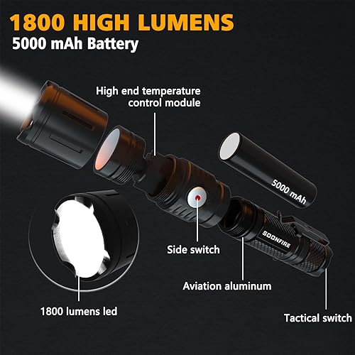 Vista 2 de High Lumens LED Rechargeable Flashlights High Lumens, Powerful Tactical Flashlight with Battery, 5 Modes,IPX8 Super Bright Handheld Flashlight