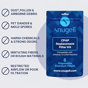 Snugell Disposable CPAP Filters -Compatible with ResMed AirSense 10, AirCurve 10 & S9 Series - Ideal for Home and Travel Use Easy to Install for Superior Air Filtration & Cleaner Breathing (6-Pack)