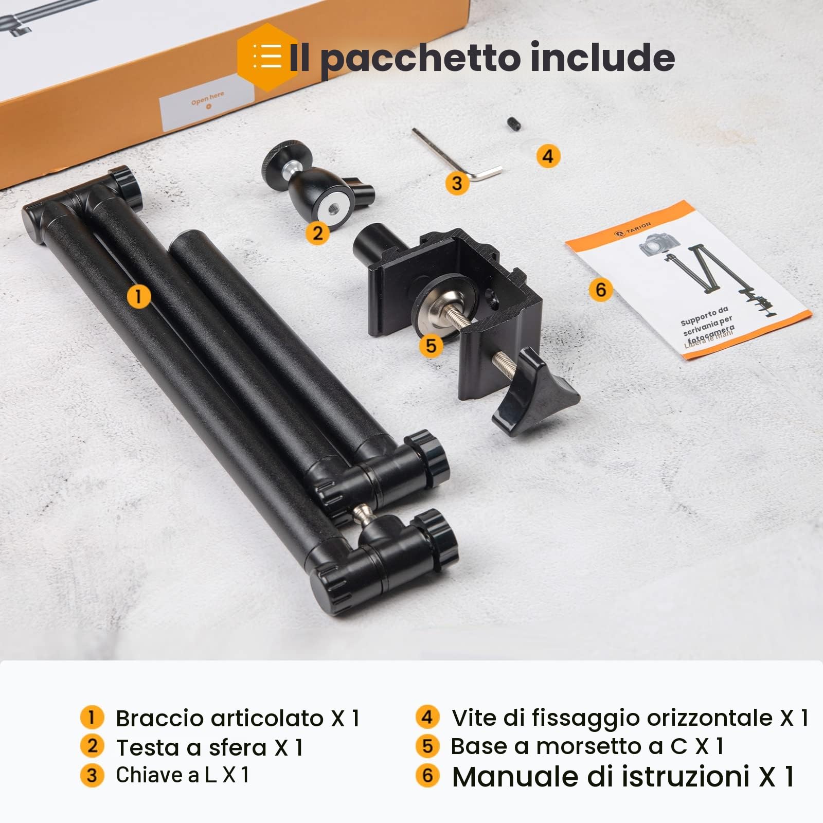TARION Supporto per treppiede per fotocamera da scrivania Braccio articolato flessibile a 360° con vite da 3/8'' e vite da 3/8'' a 1/4'' per fotocamere DSLR Luce ad anello per proiettore TKB01