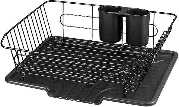 Pearl Metal Aldeo HB-4594 Metal Dish Drying Rack with Tray that Drains Water, Vertical Placement, Black Exclusive Black