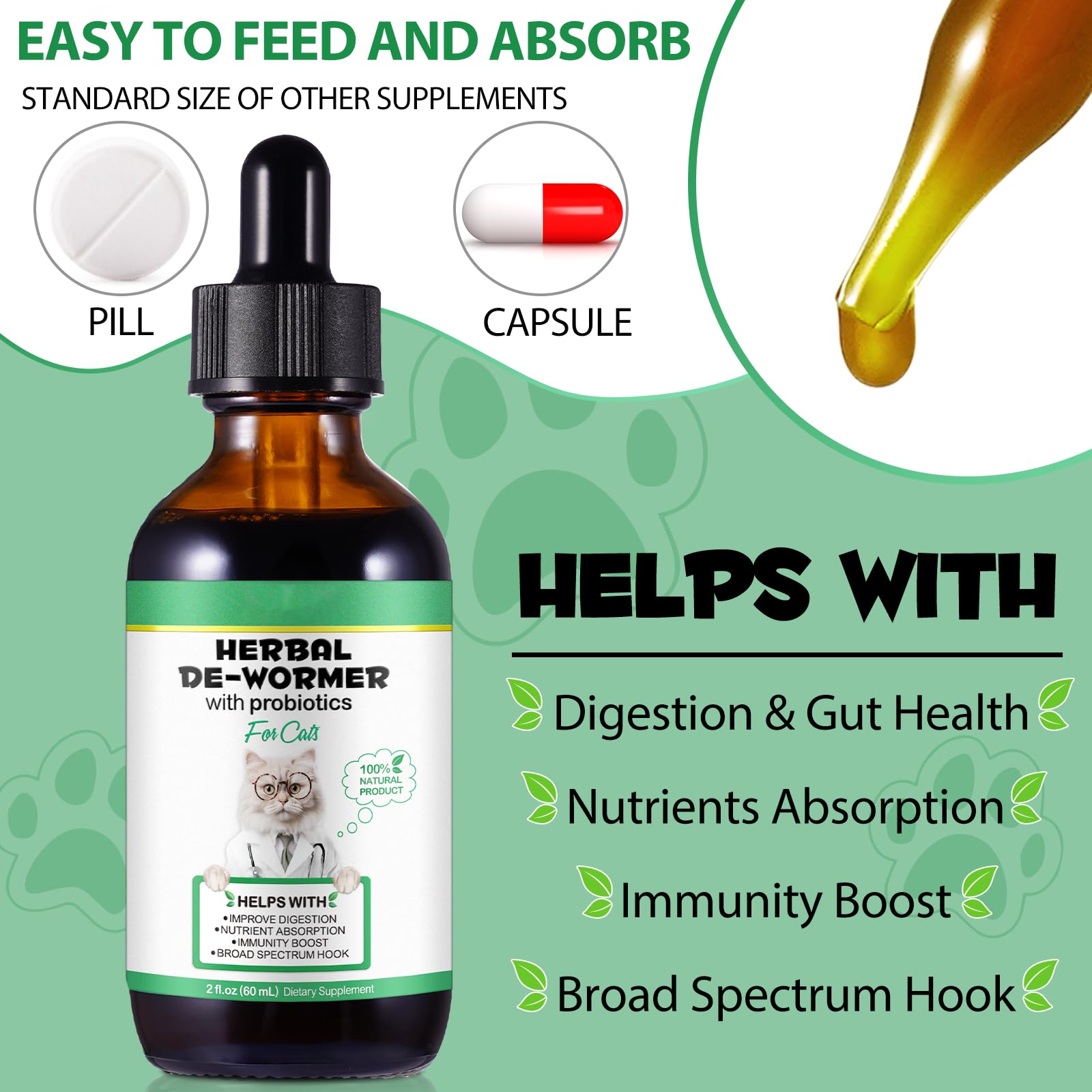 HEXIN Vermifuge pour chat 60 ml, vermifuge à base de plantes pour chats avec probitiques – Amélioration de la digestion, renforcement de l'immunité, anti-parasites, ankylostomes à large bande