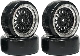 WONFAST 4PCS 1/10 RC Drift Car Tires Smooth Hard Tyre Plastic Plating Wheel Rims Set Replacement for HSP Tamiya HPI Kyosho On-Road Drifting Car (Black Silver)