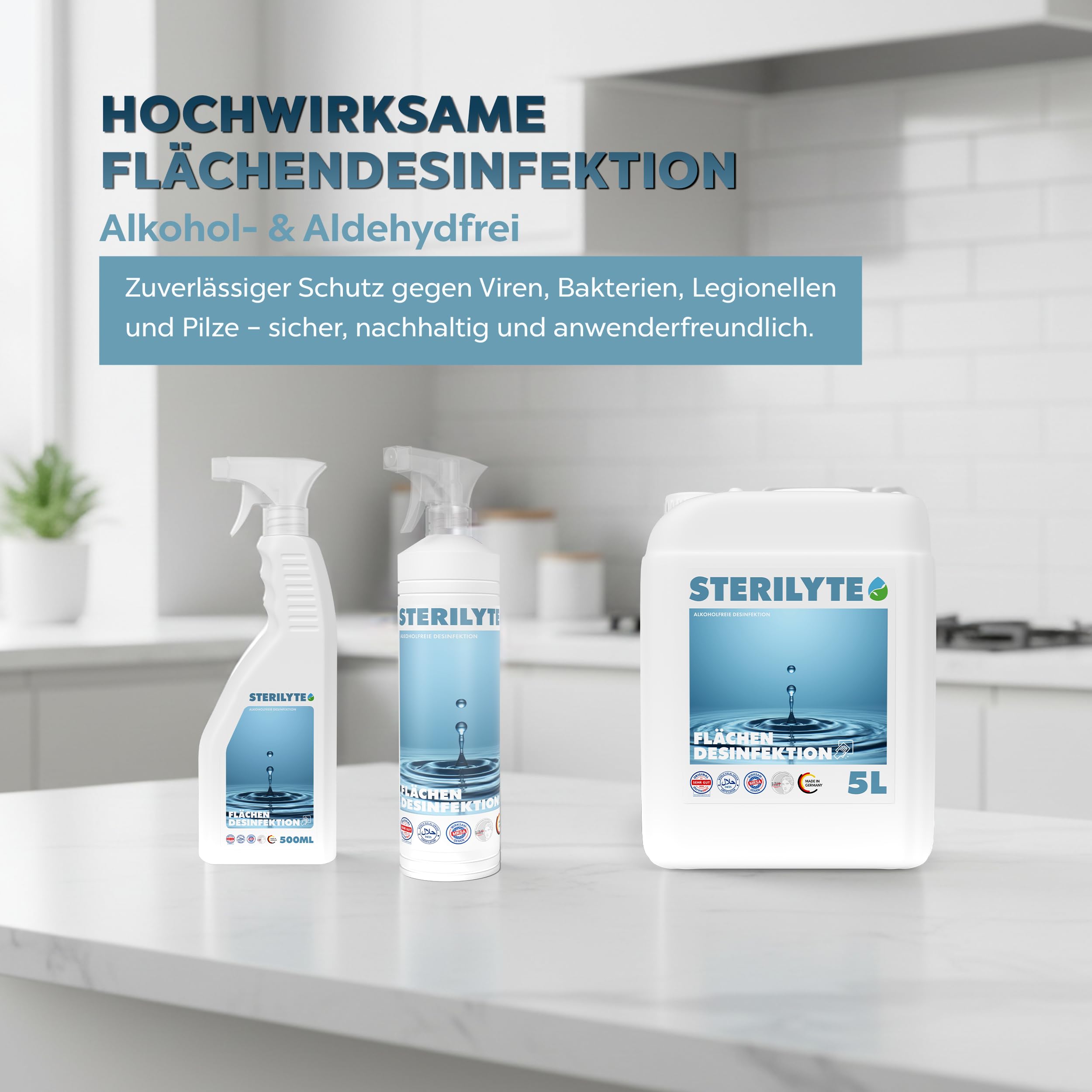 Flächendesinfektionsmittel Spray 1 Liter, Nachhaltig, alkoholfrei & hochwirksam - Desinfektionsmittel für Flächen vielseitig einsetzbar durch Sprühfunktion
