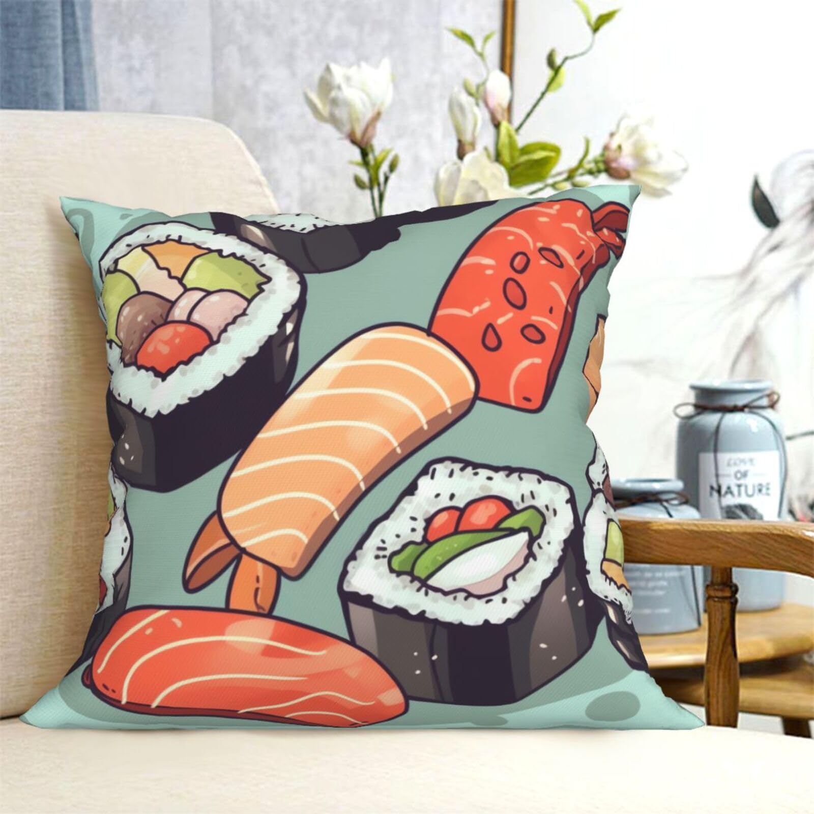 Fodpand Black Decorative Throw Pillow Covers 20"X20" Sushi Cushion Cases Square Modern Farmhouse Pillow Cases Soft Cozy Cushion Covers For Couch Sofa Bedroom Home Decor Pillowcase