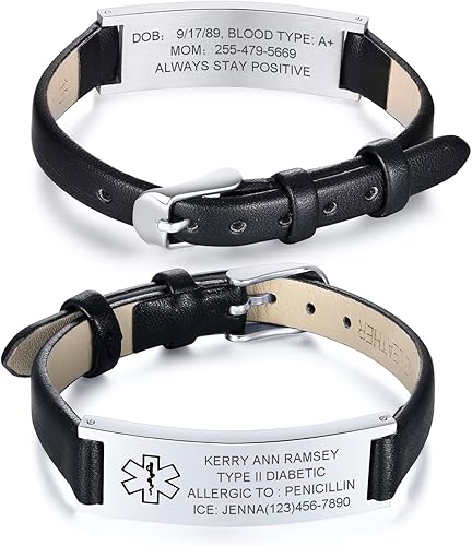 MEALGUET Pulsera de identificación médica para mujer pulsera de alerta médica de acero inoxidable con grabado gratuito, identificación