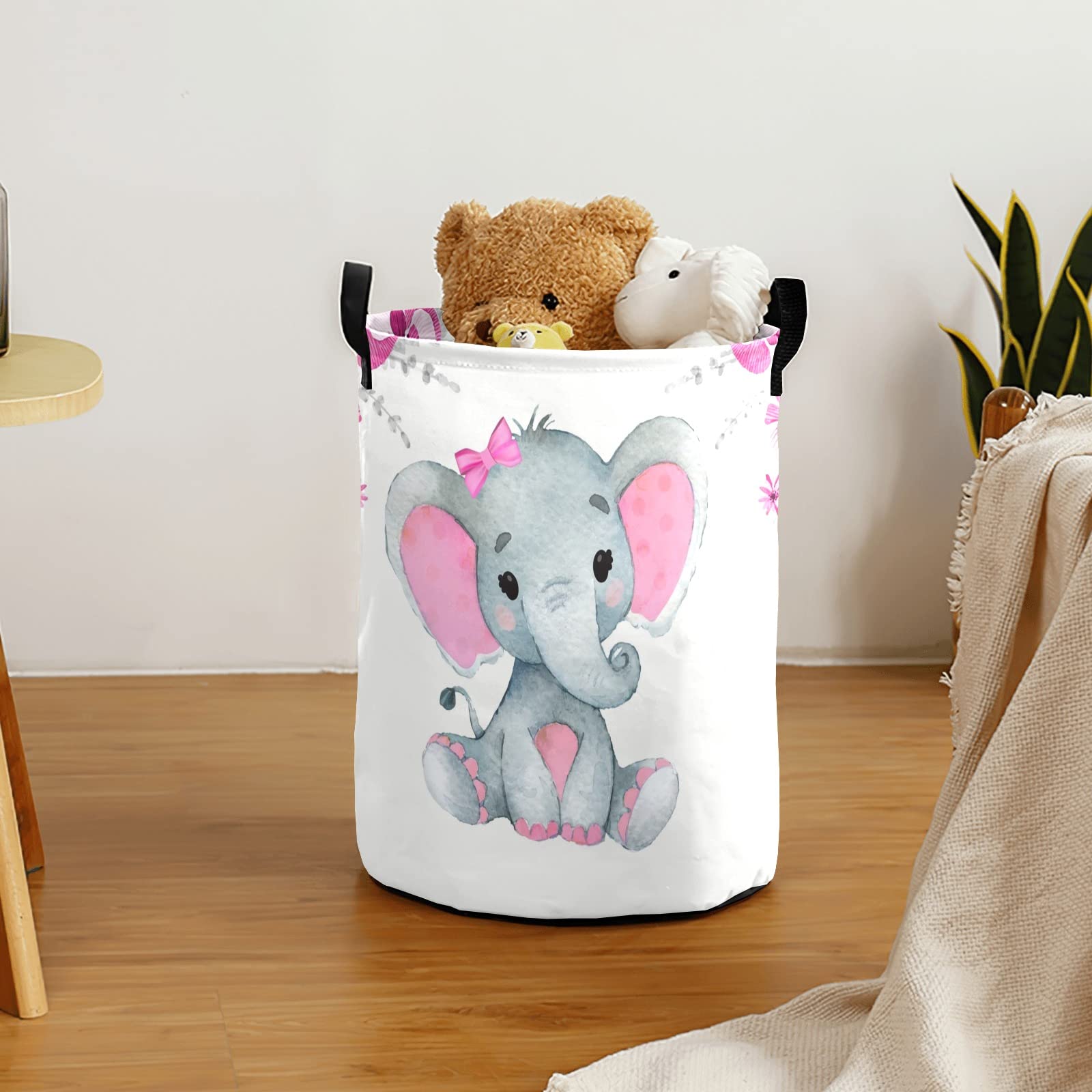 Personalized Custom Pink Elephant Laundry Baskets with Name Collapsible Clothes Storage Basket with Handle for Bathroom Bedroom Kitchen