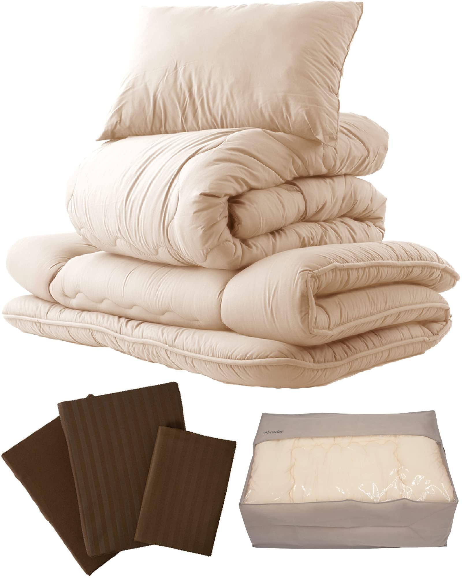 AQUA(アクア) Set, (Comforter), 3.5 lbs (1.6 kg), Filling (1.5 kg) Solid Cotton (Pillow) Side, 100% Polyester.%, 6088_Brown, シングル