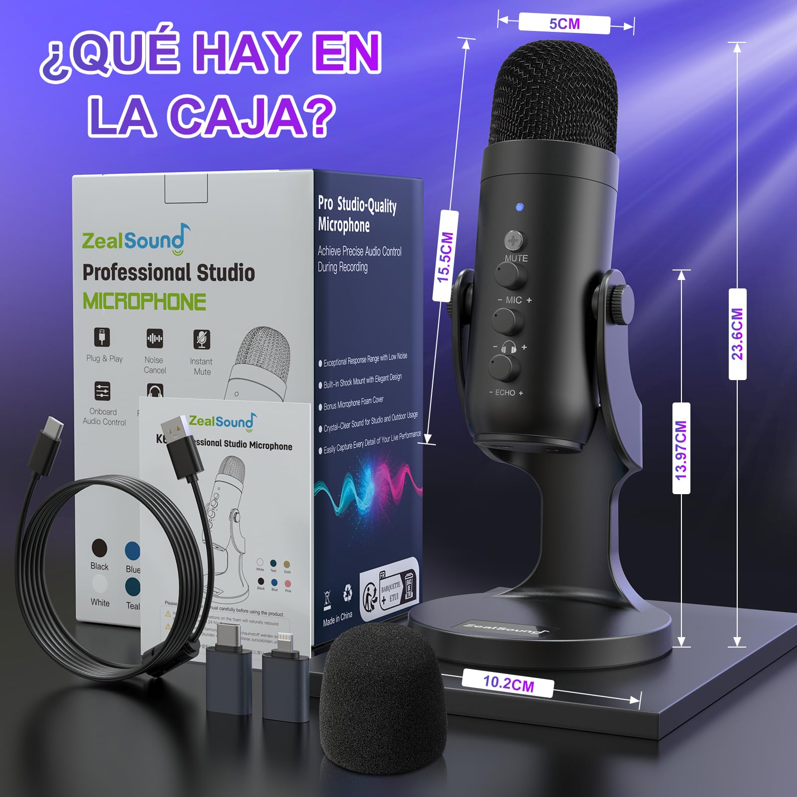zealsound Micrófono USB para PC, Móvil y Tablet, Micrófono de Condensador de Sobremesa con Reducción de Ruido, Silencio, Monitorización y Eco, para Gaming, Streaming, Podcast, ASMR, Negro